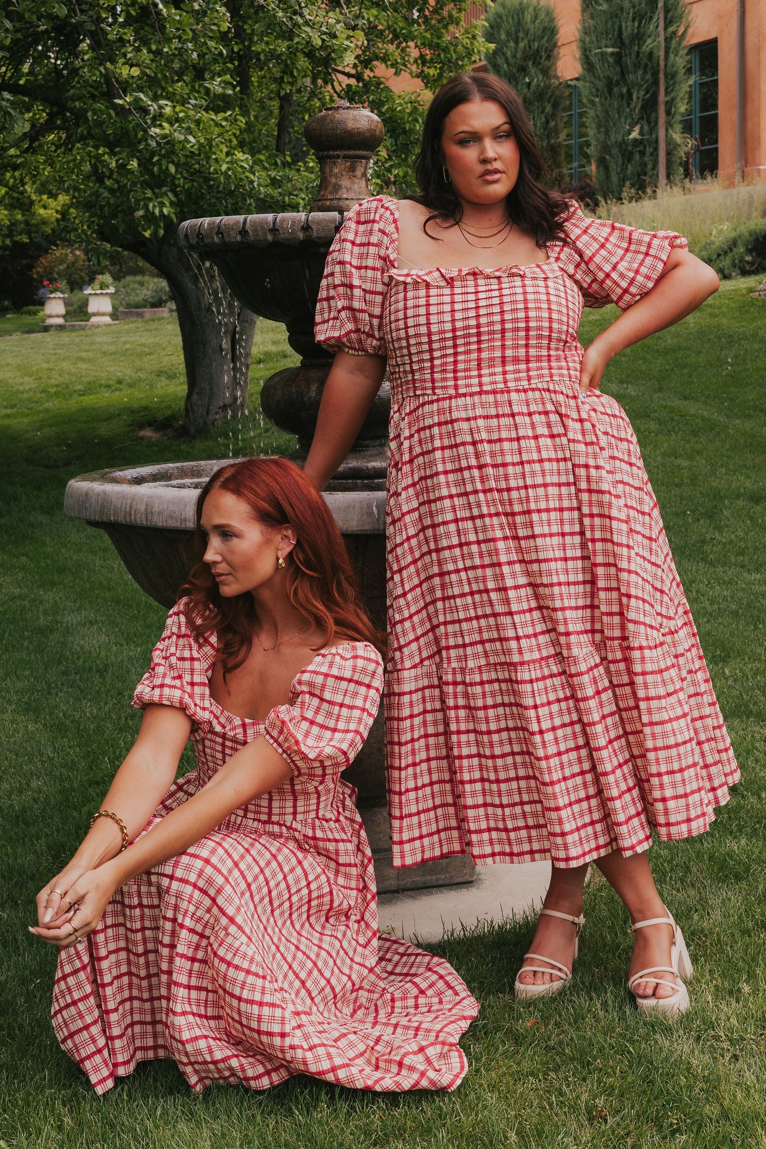 red and ivory plaid dress with puff sleeves models