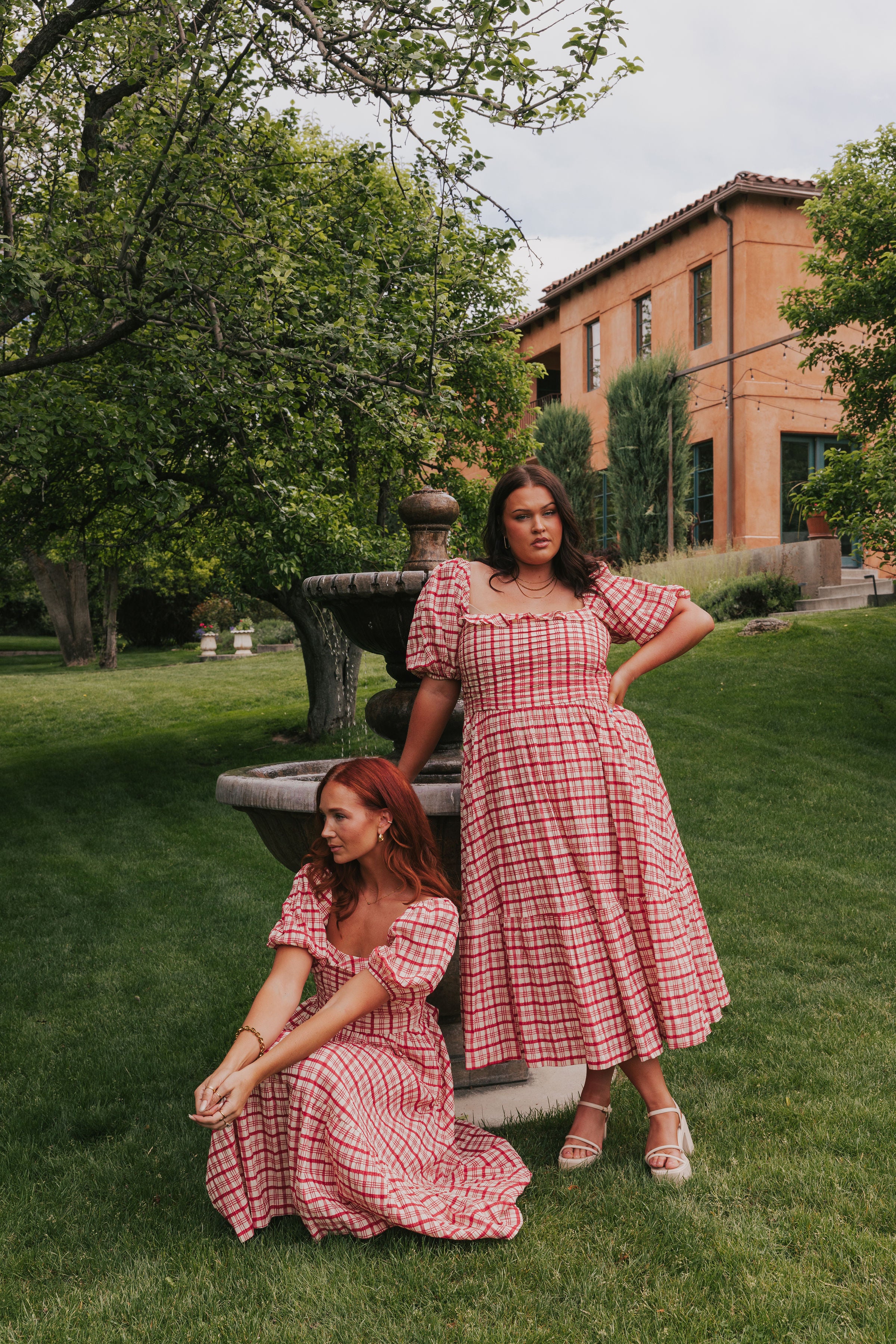 red and ivory plaid dress with puff sleeves models