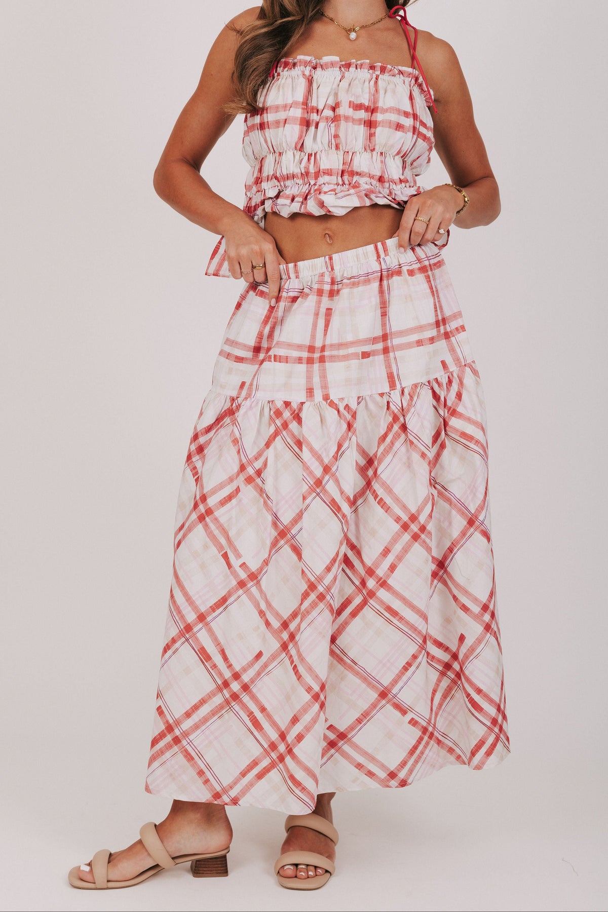 red and white plaid maxi skirt 