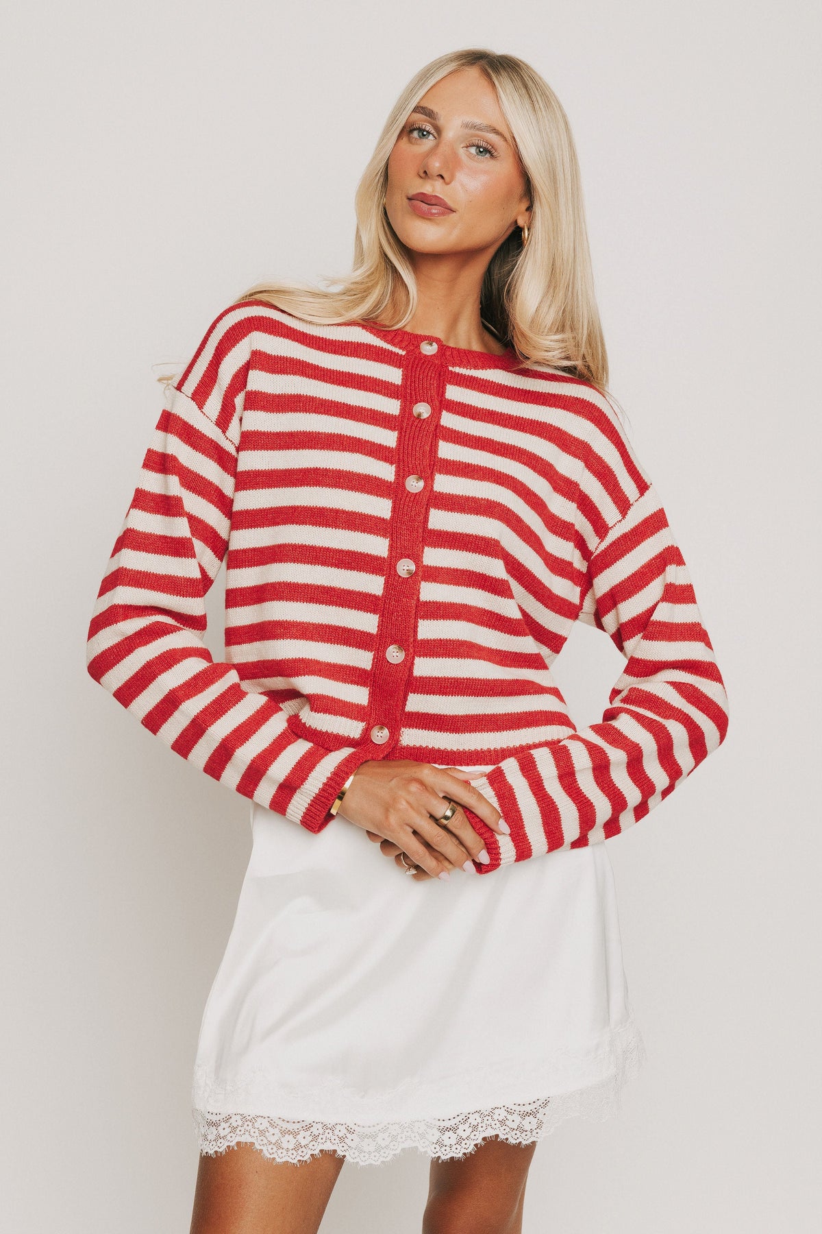 red and white striped long sleeve cardigan with buttons 