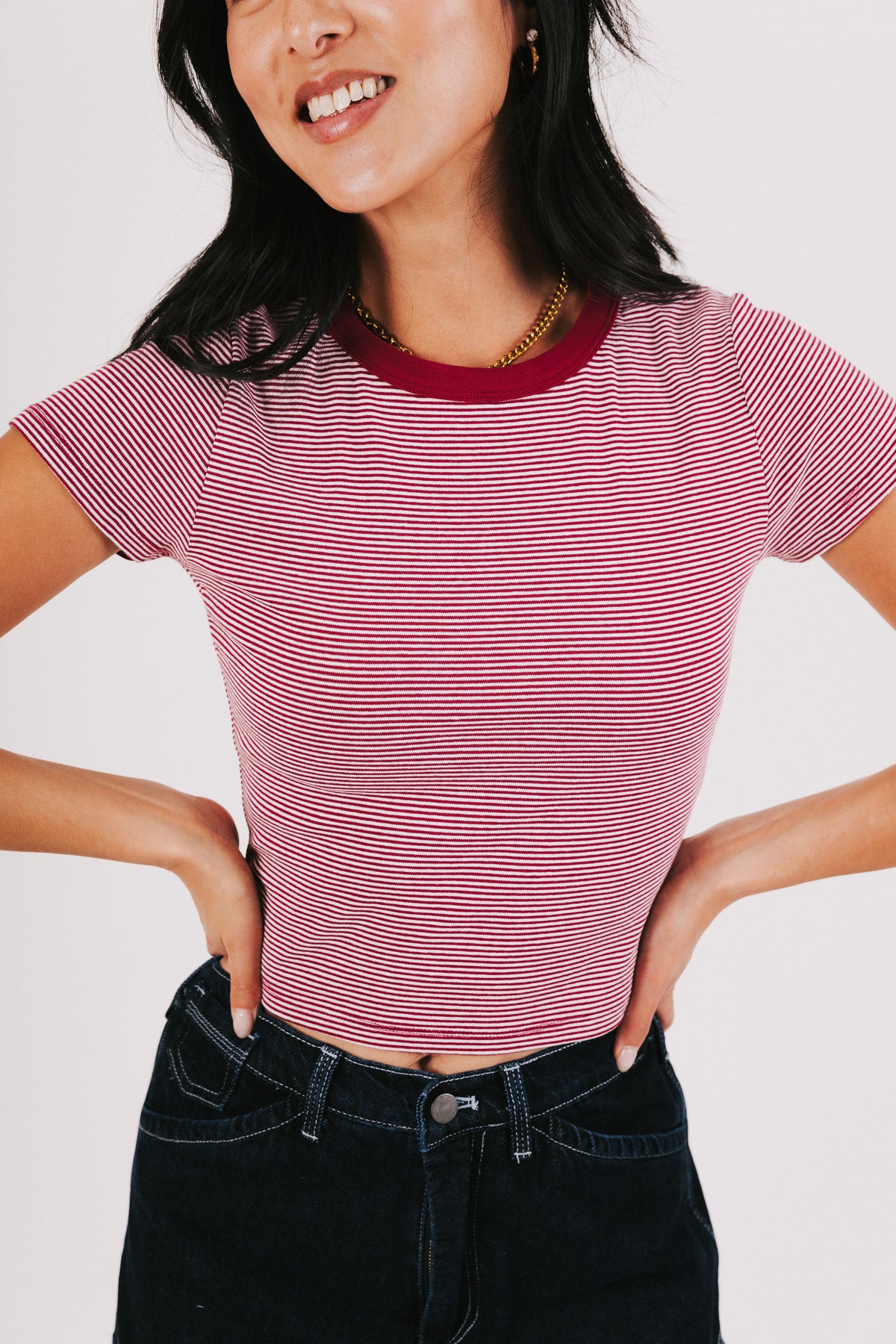 red and white striped crew neck tee front