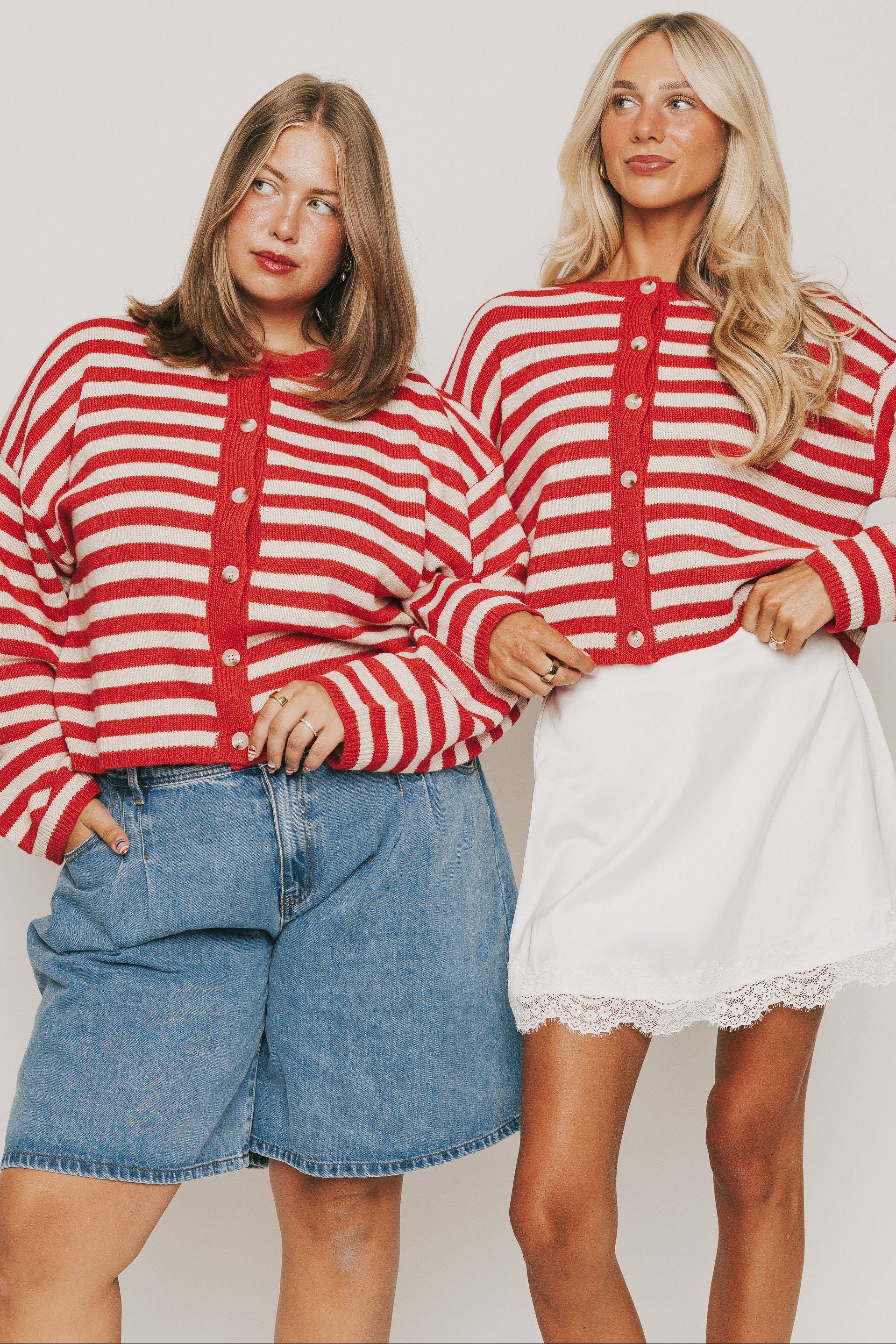 red and white striped long sleeve cardigan with buttons