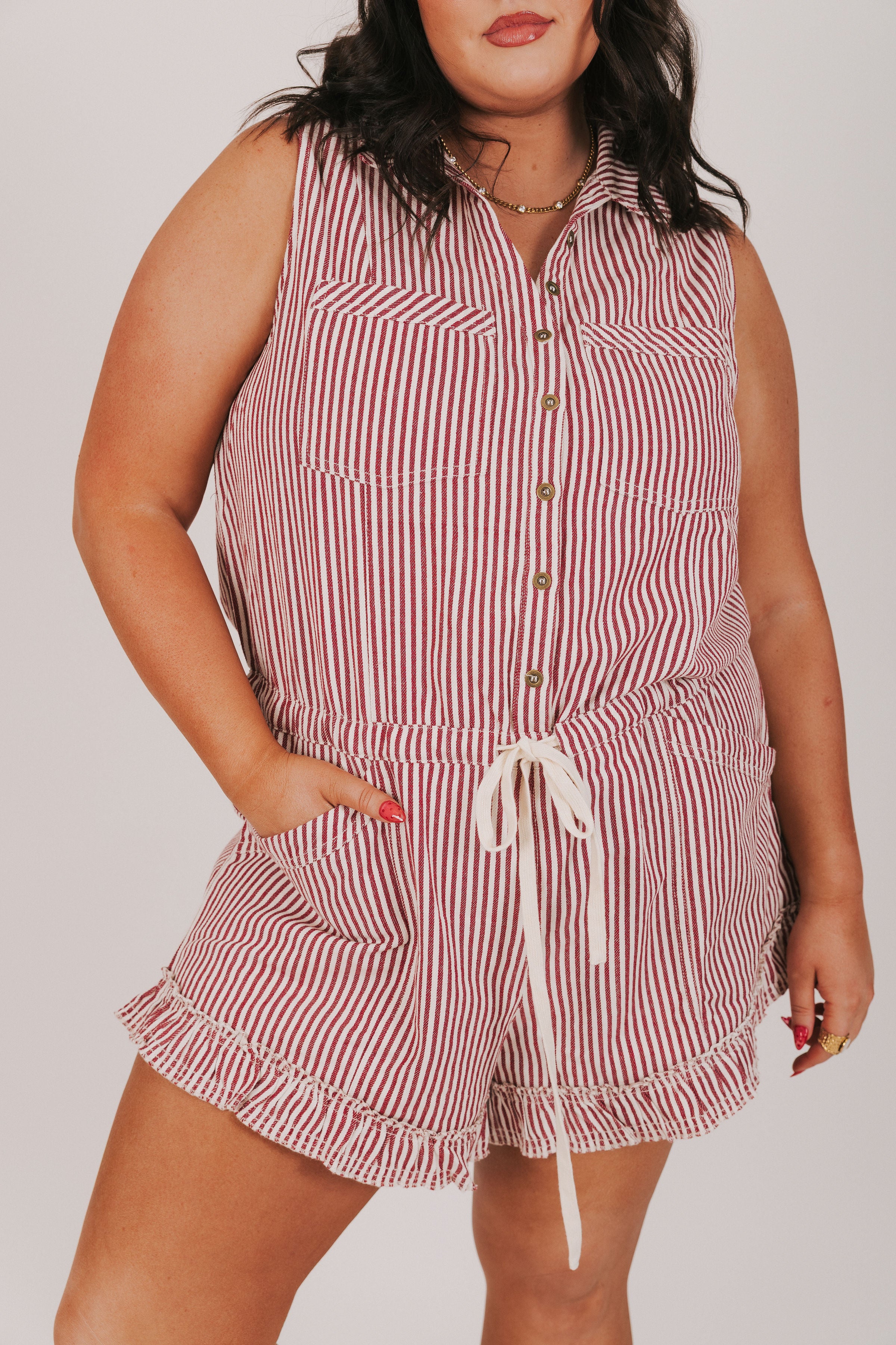 red and white striped romper with buttons