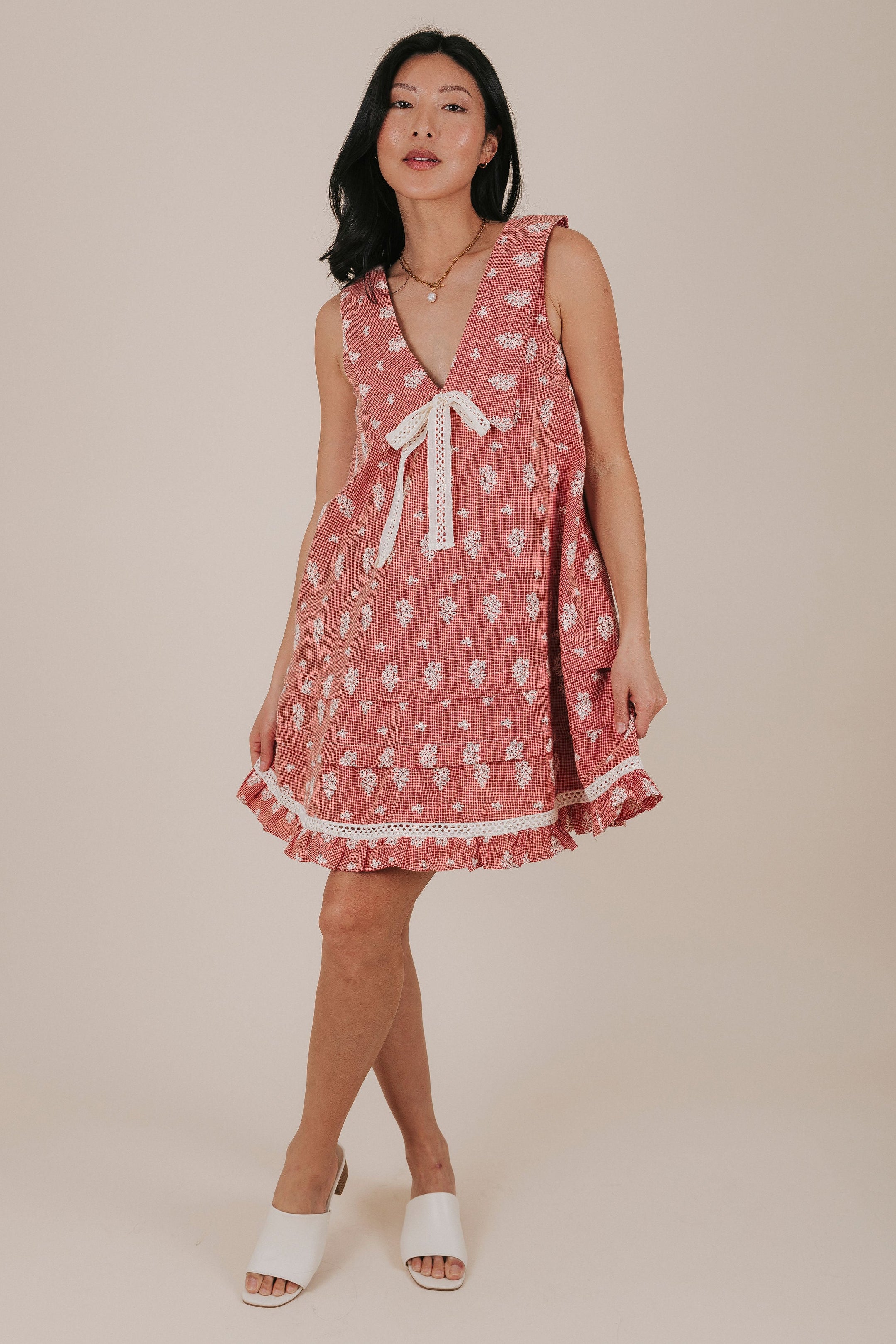 red gingham sailor collar embroidered dress full