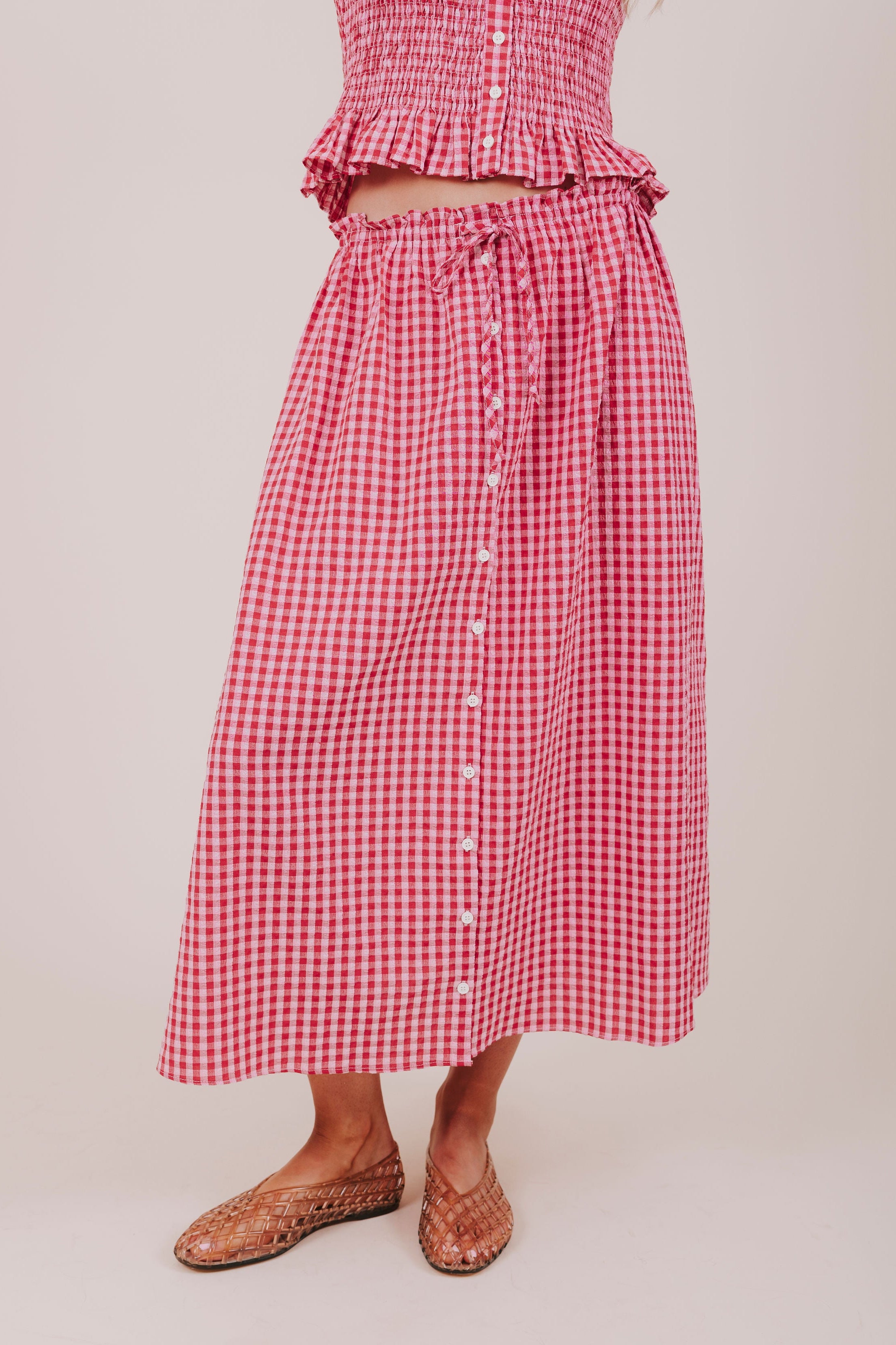 red pink button down gingham skirt front 2