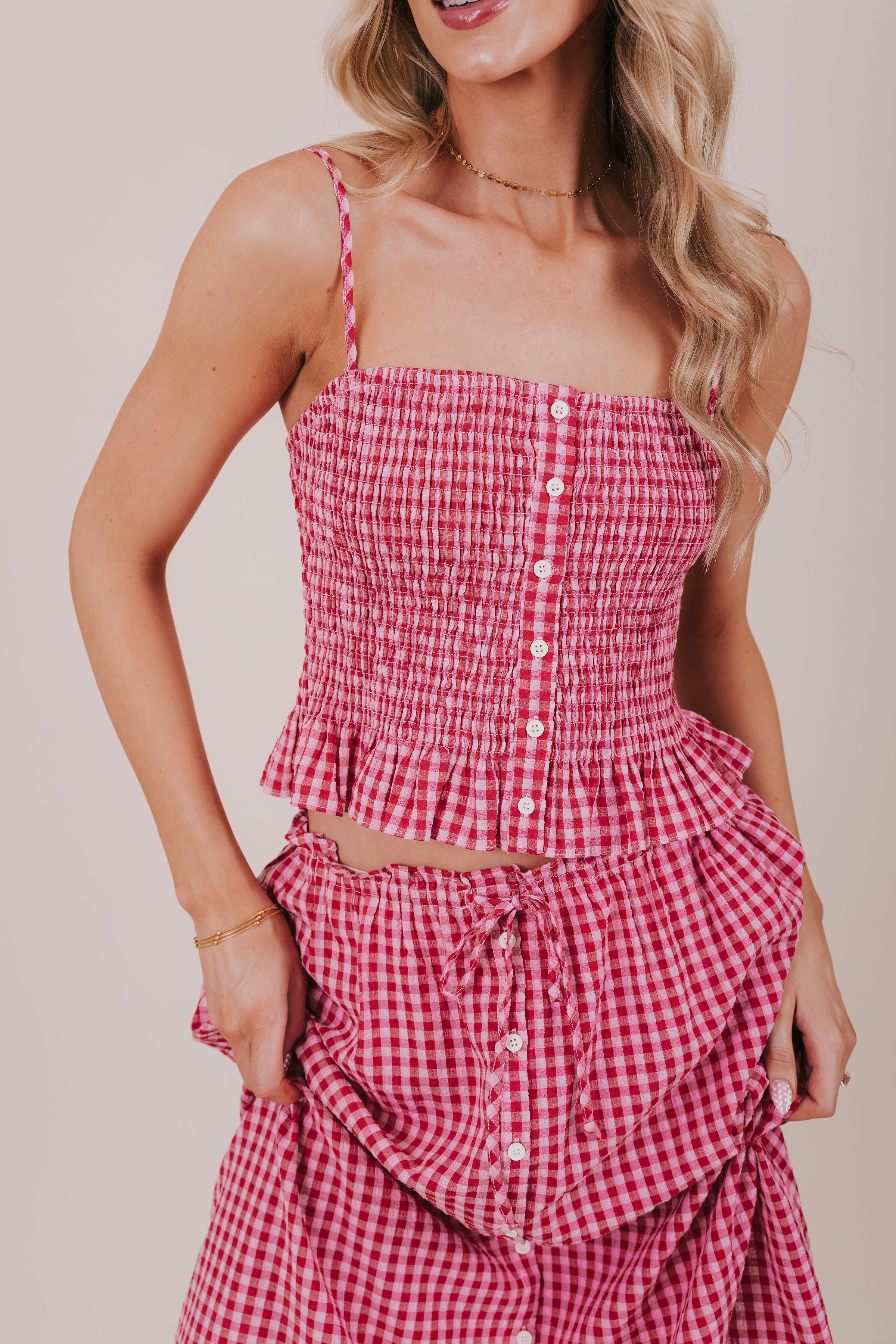 red pink shirred gingham top detail