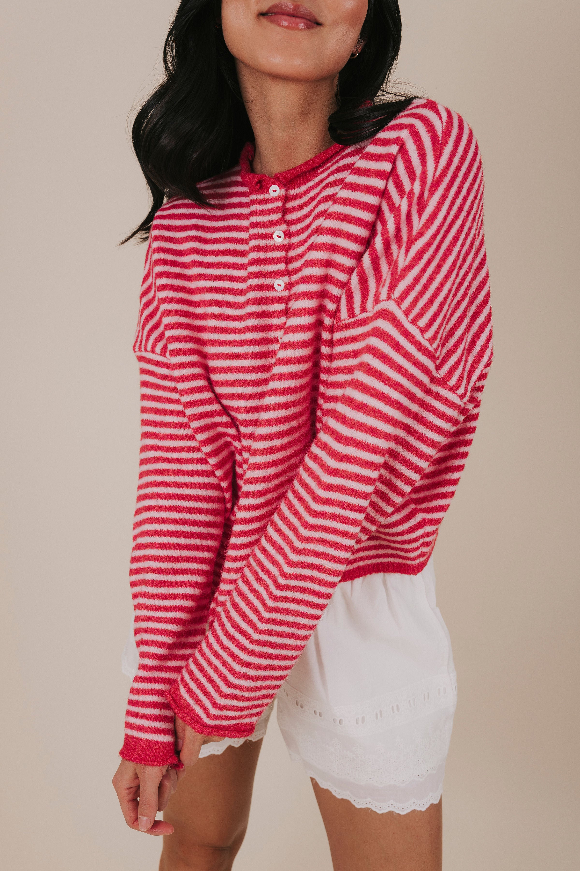red pink stripe button knit cardigan detail