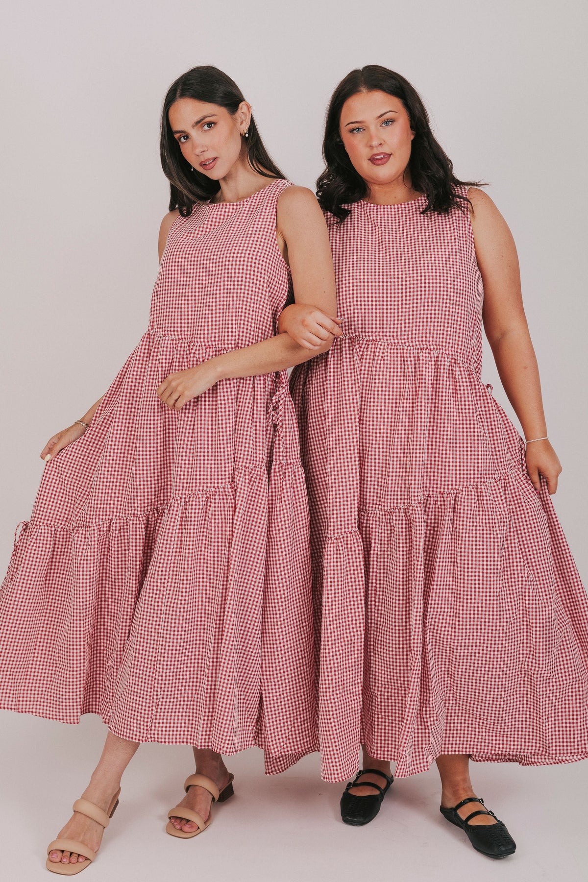 red and white gingham dress with asymmetrical drawstrings