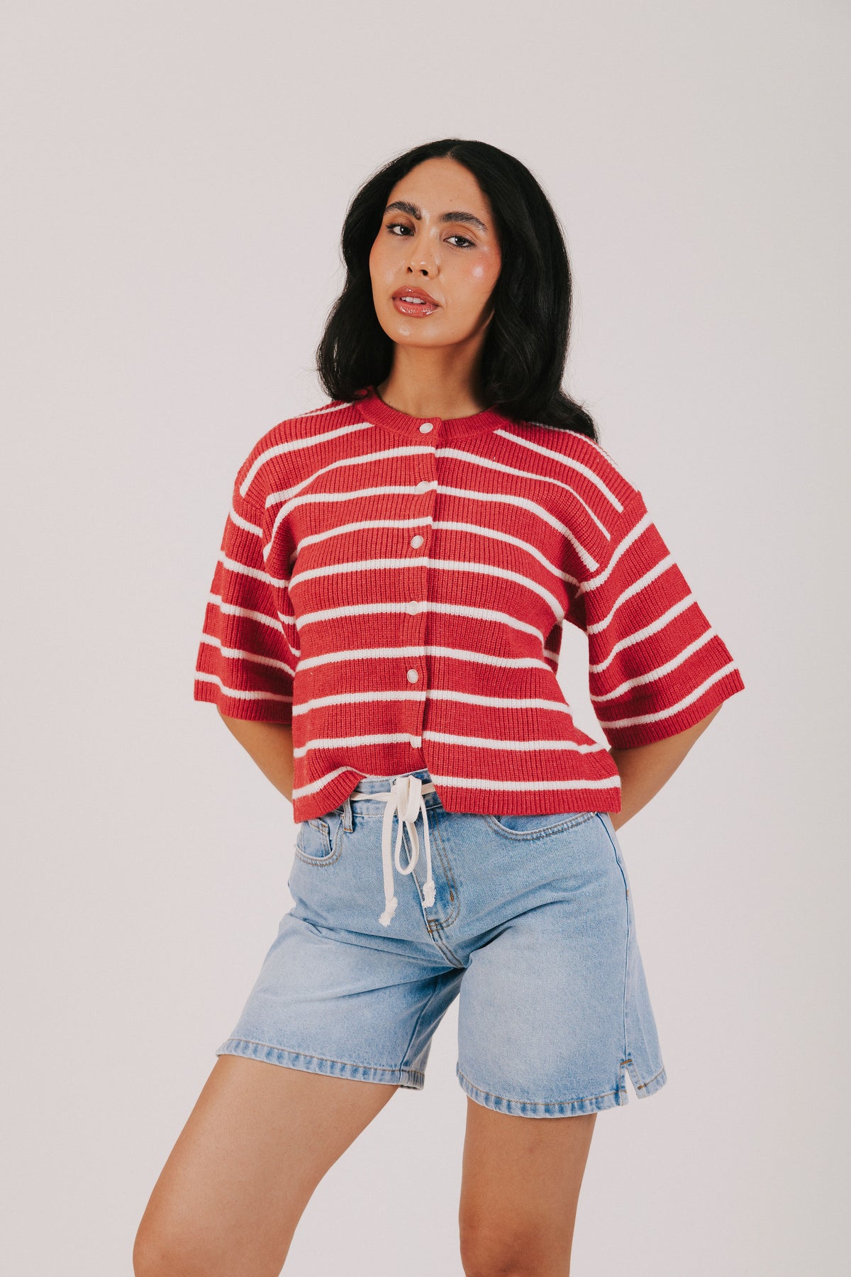 Red and white striped knit button up top 