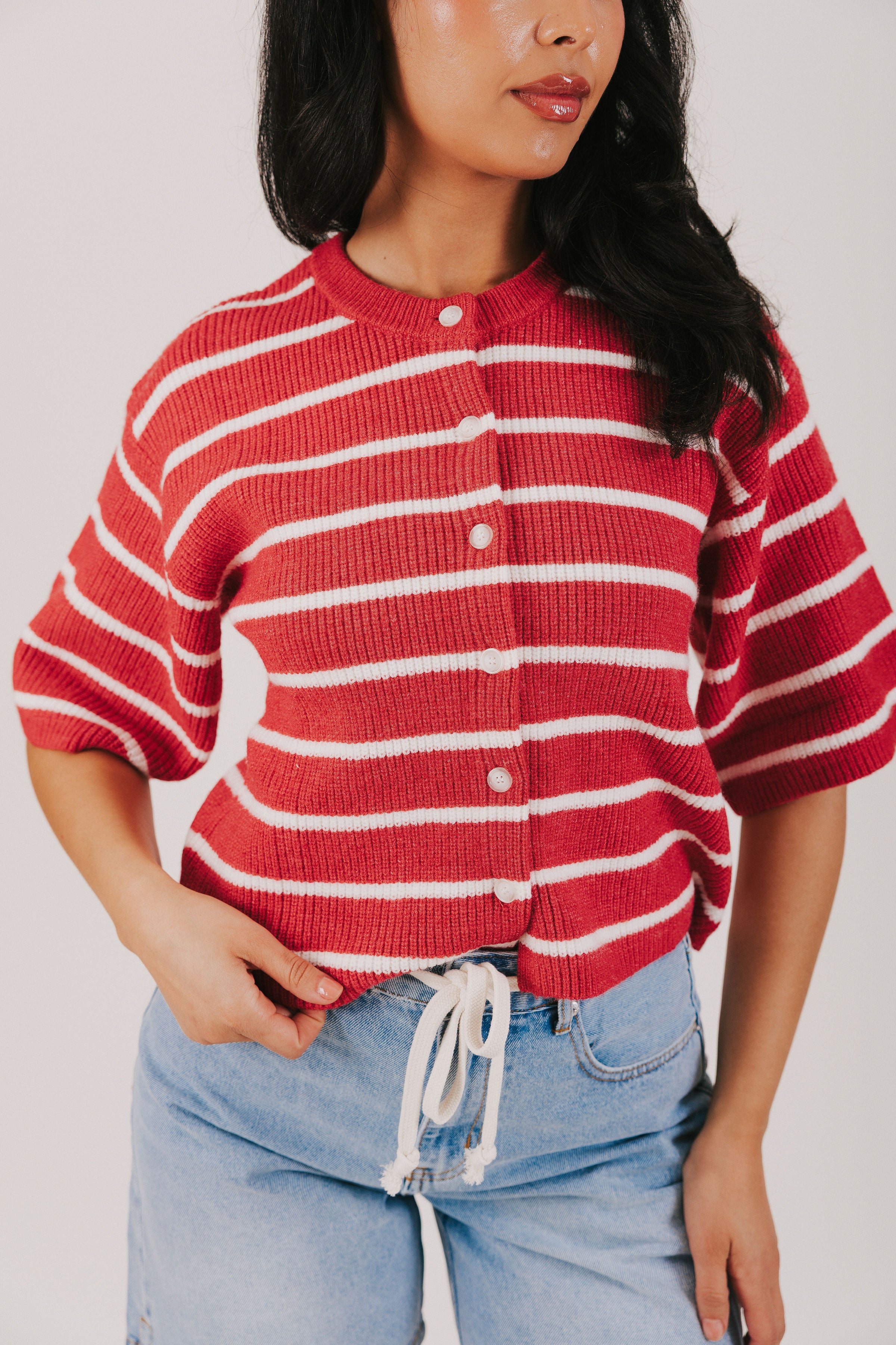 Red and white striped knit button up top 