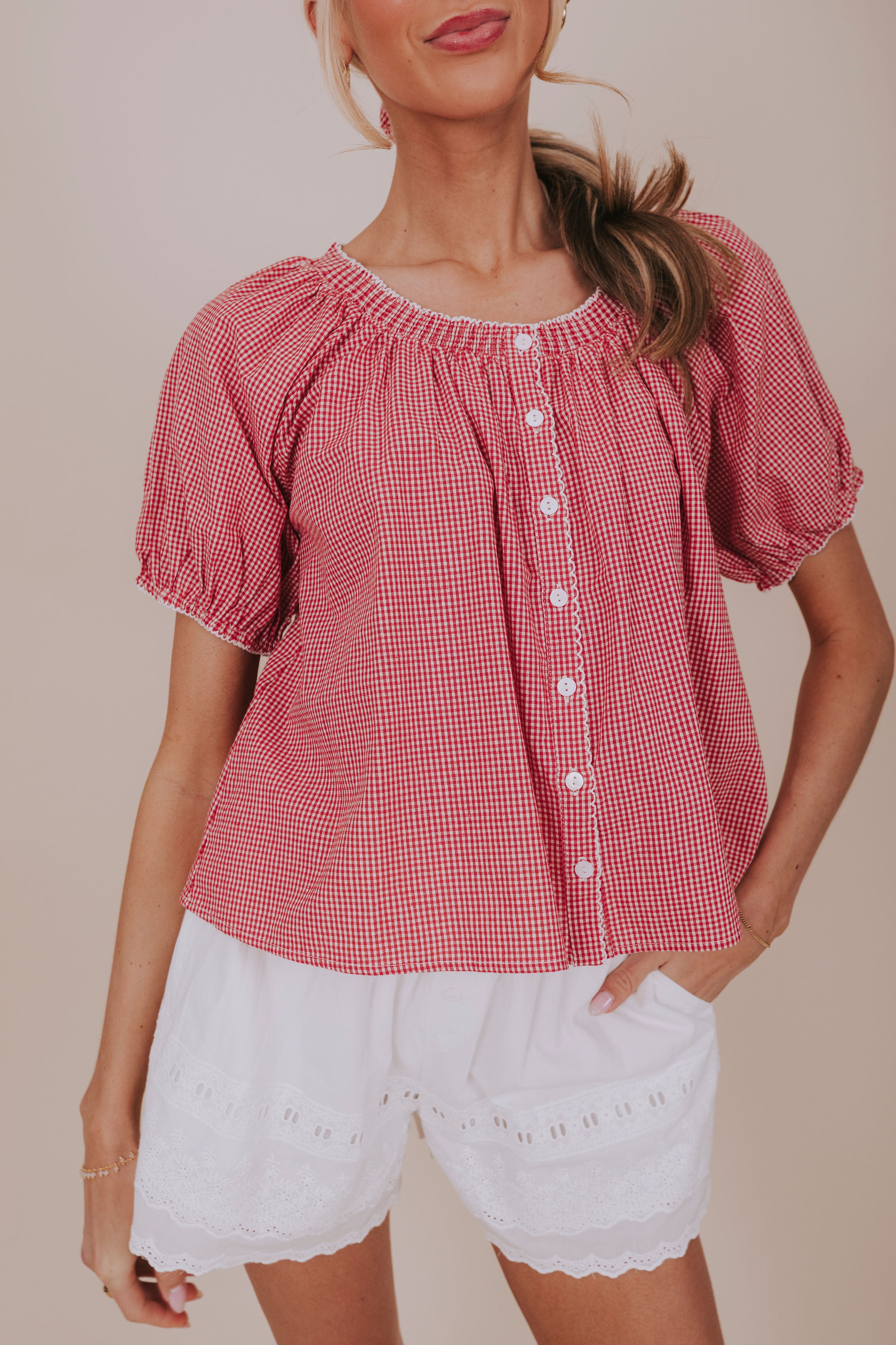red gingham button front top close