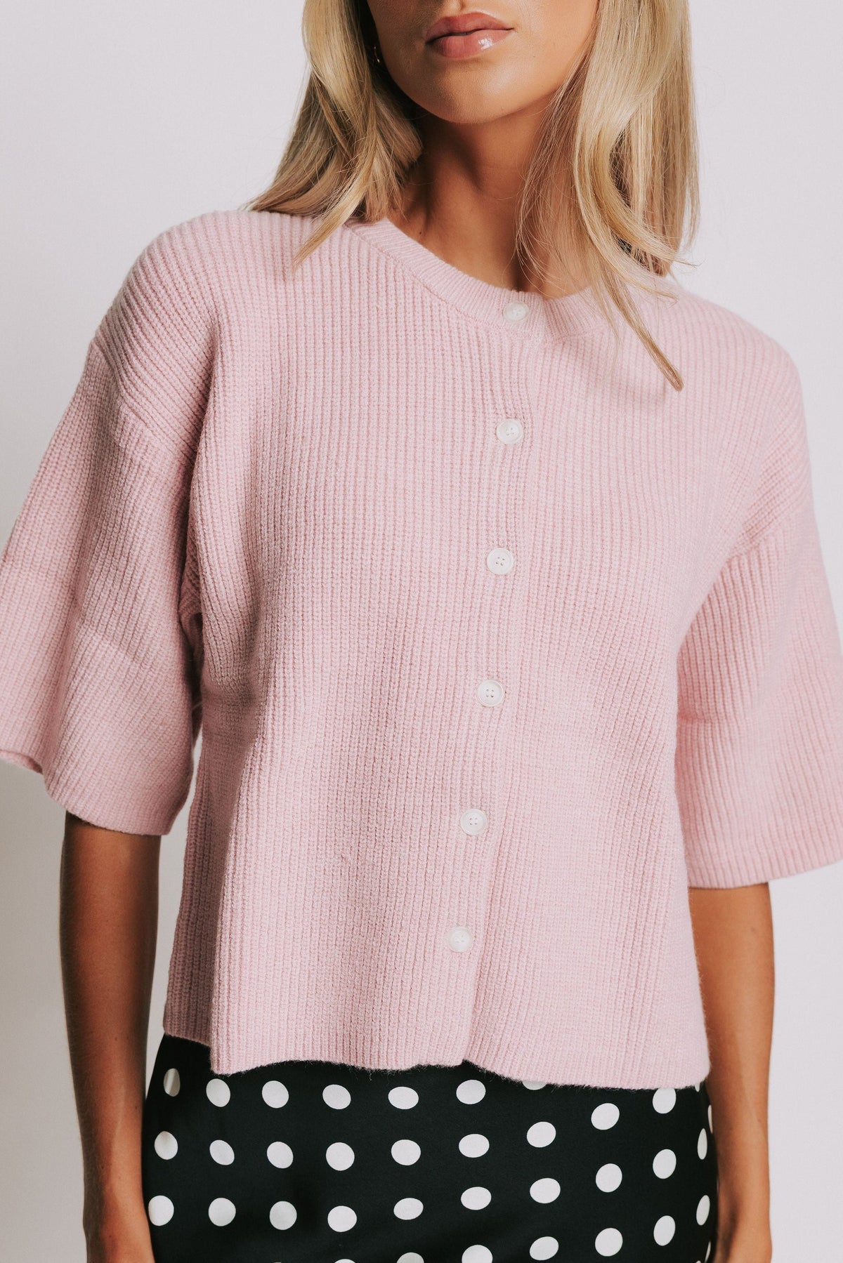 ribbed knit button down top pink front