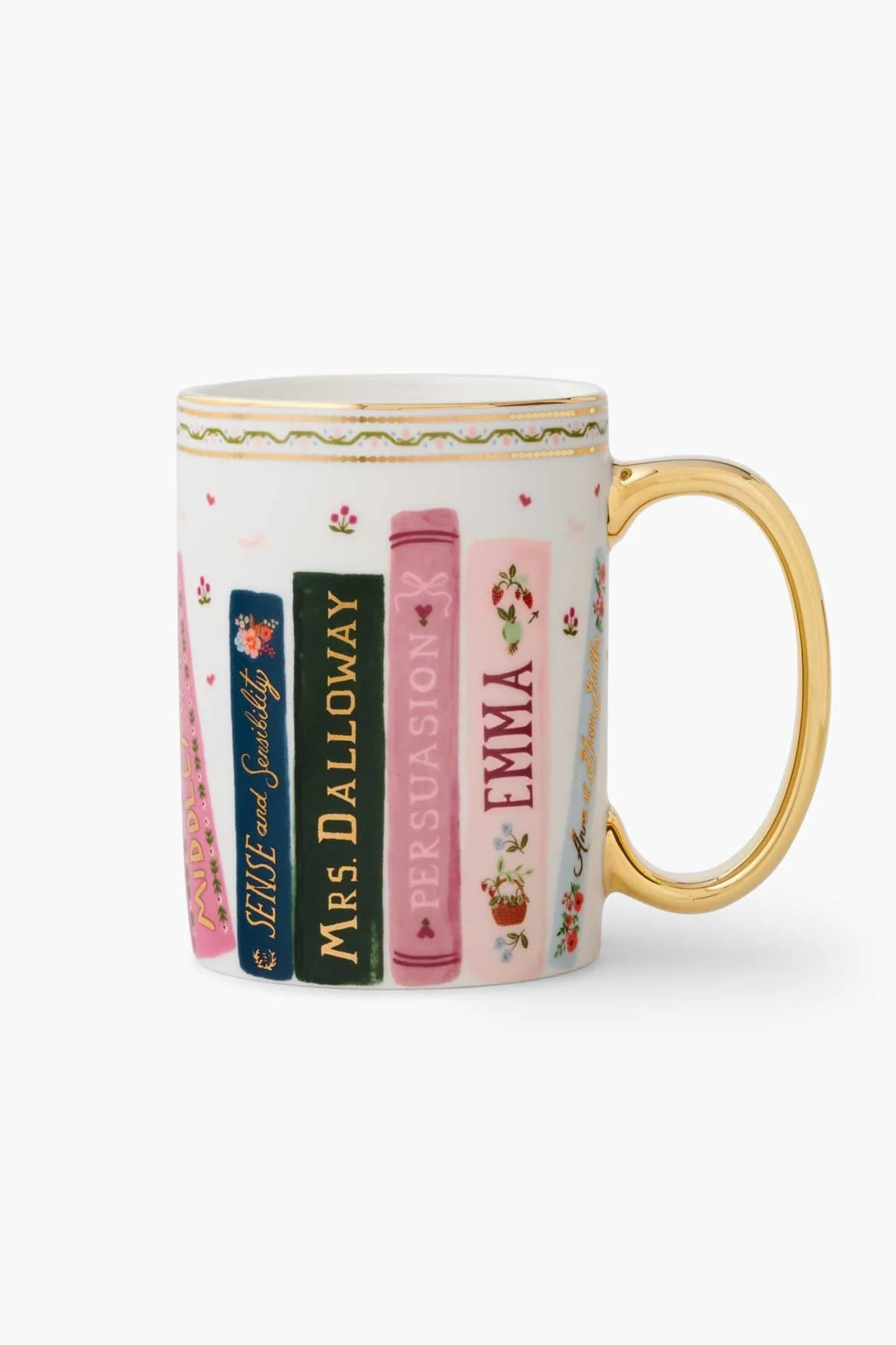 Decorative mug with romance book design, metallic gold trim and handle, pink theme.