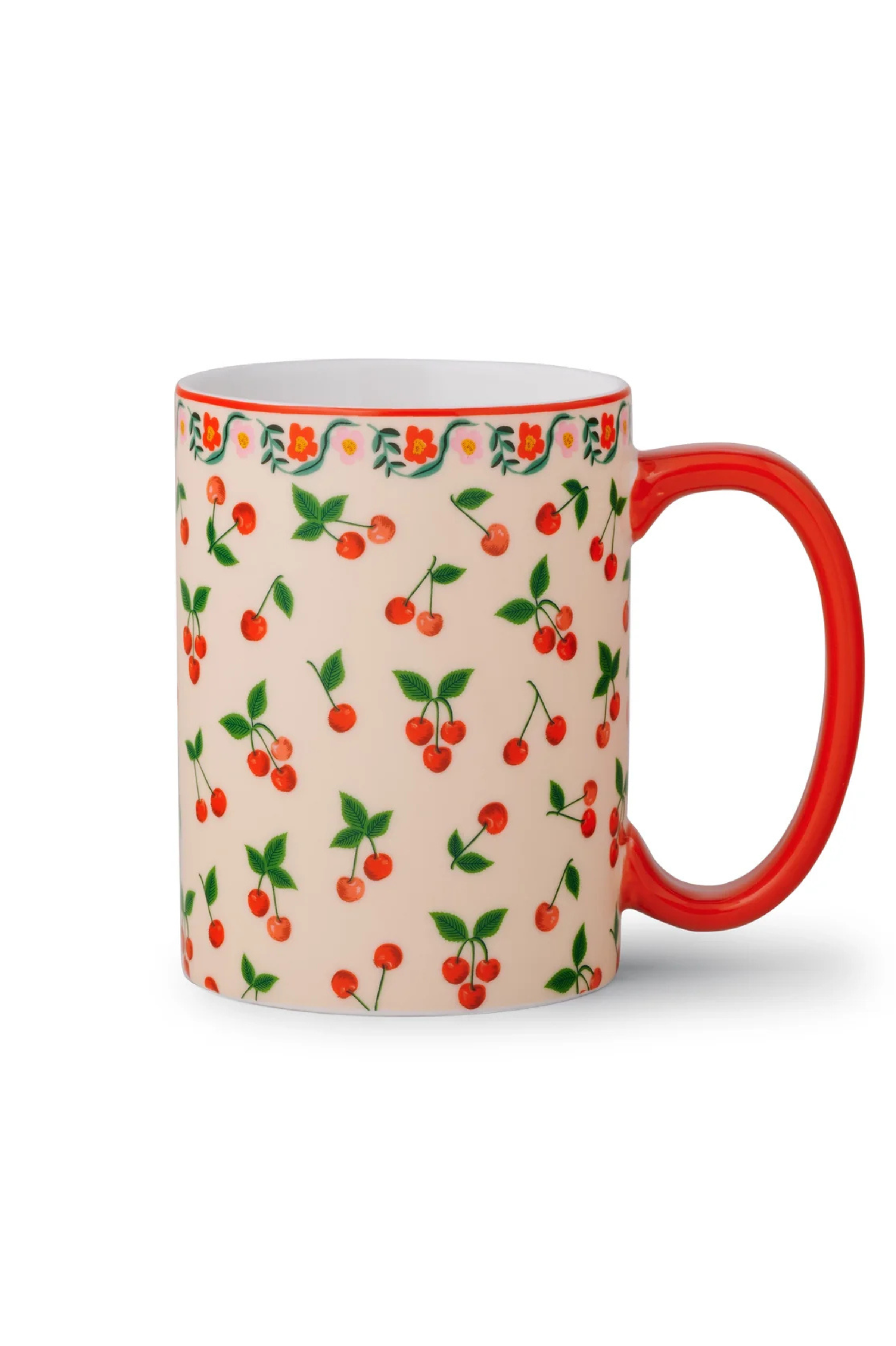 Mug with cherry pattern and red handle on a white background
