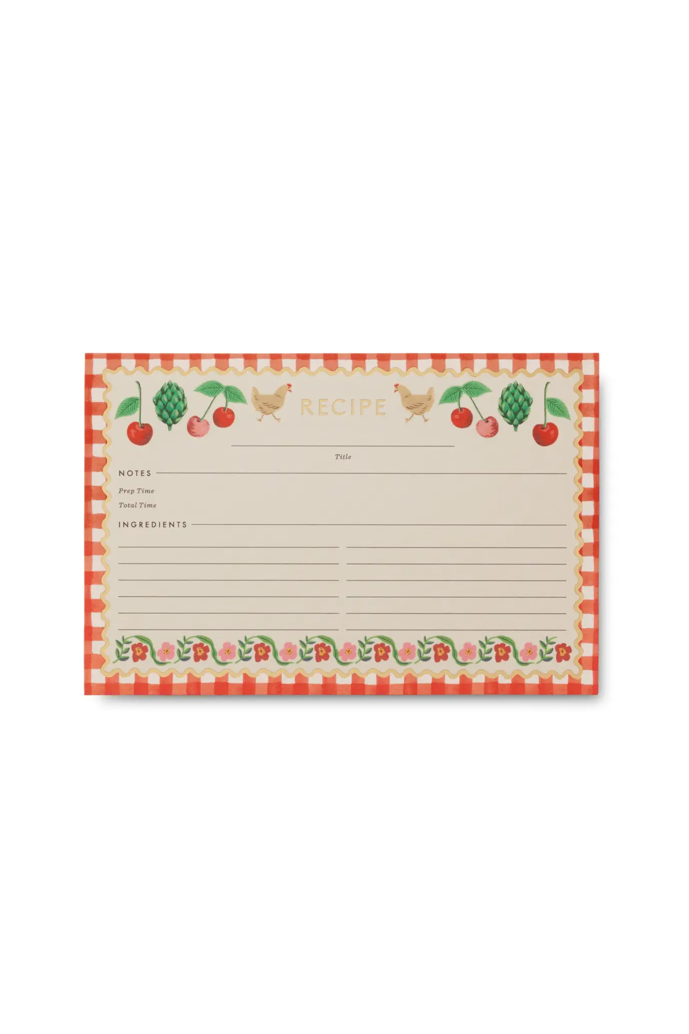 A recipe card with a red and white gingham border and cherry design, featuring metallic gold foil details and lined for writing.