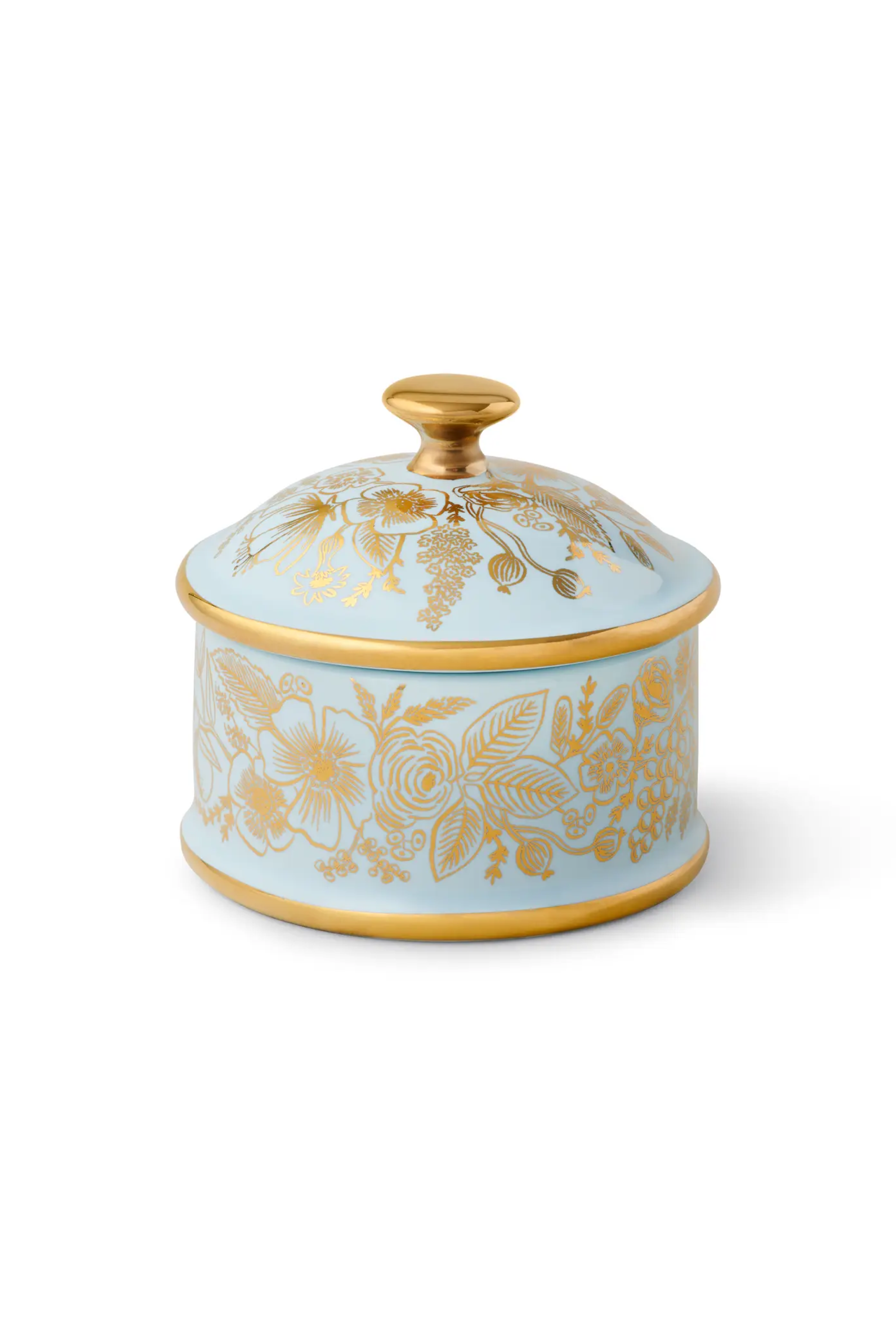 Decorative ceramic jar with gold floral patterns on a light blue background