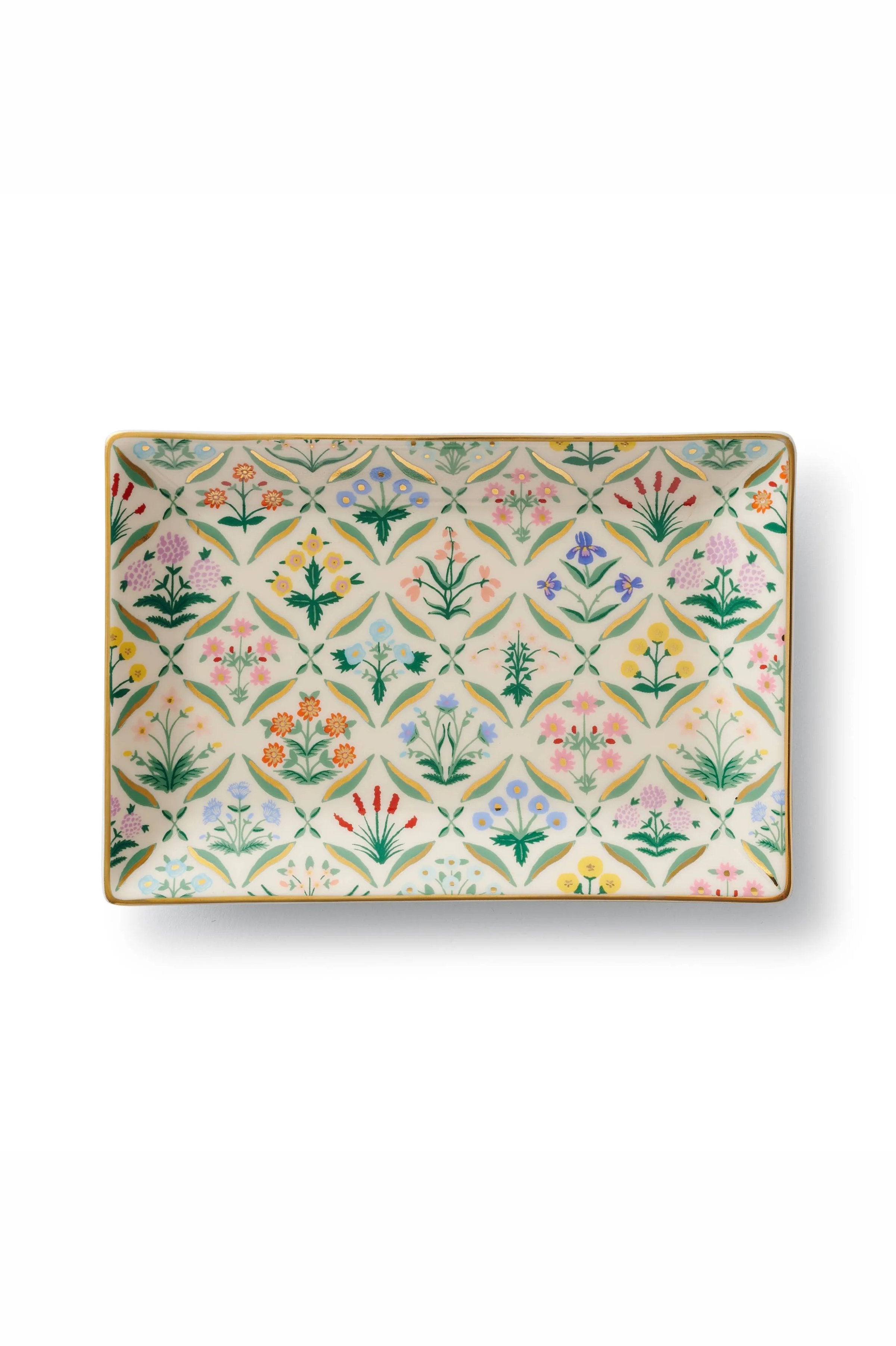 RIFLE PAPER CO - Estee Catchall Tray with floral design with gold accents and a gold edge.