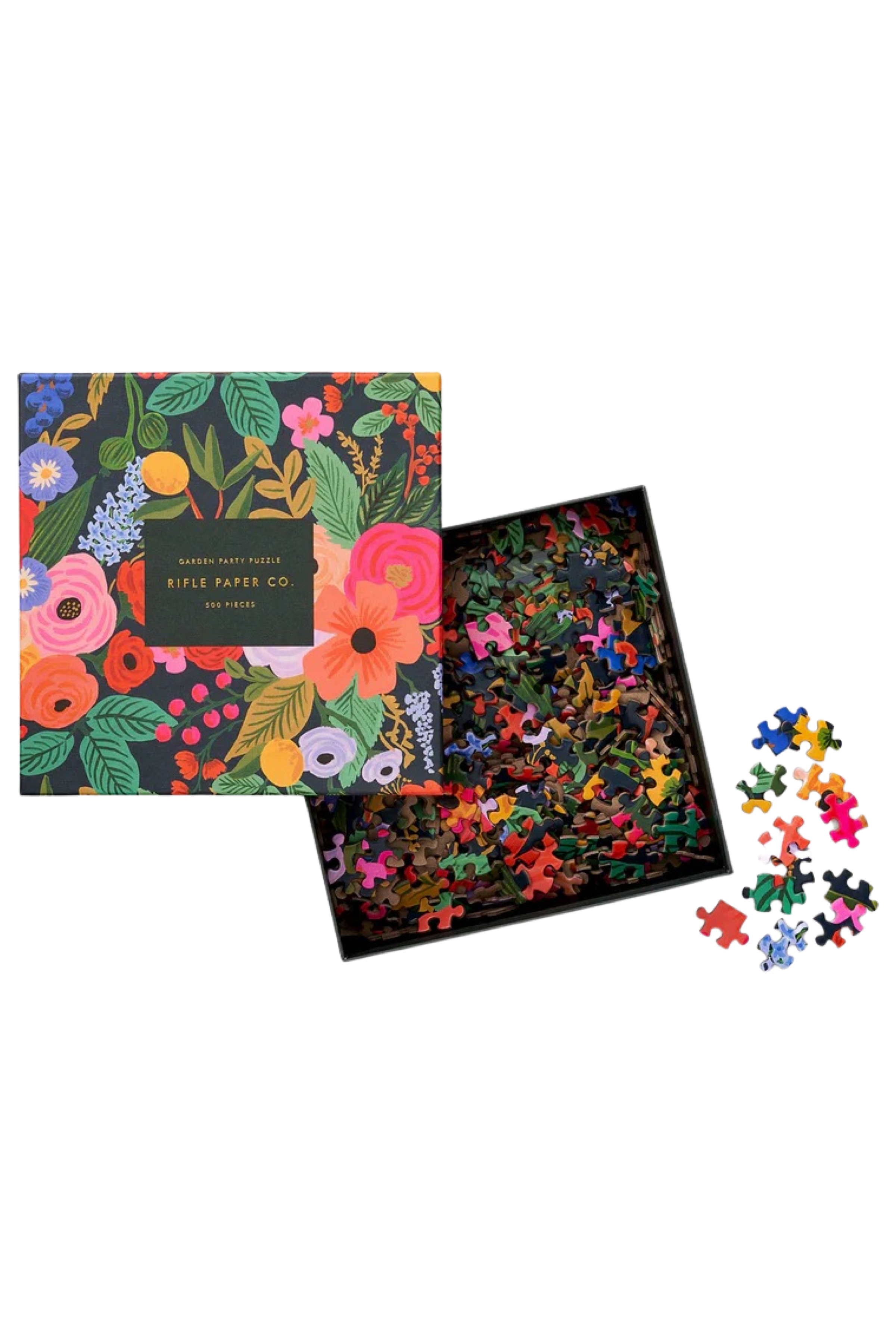 Floral-themed puzzle with packaging and scattered pieces on a white background