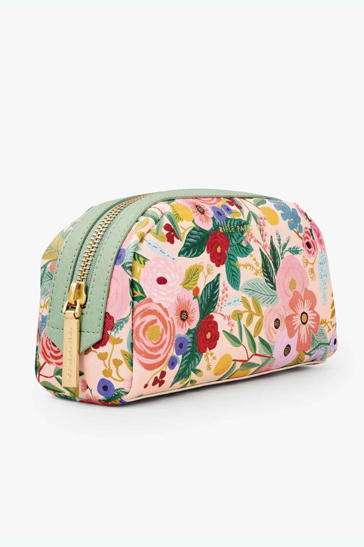 Floral patterned cosmetic bag with a gold zipper on a white background