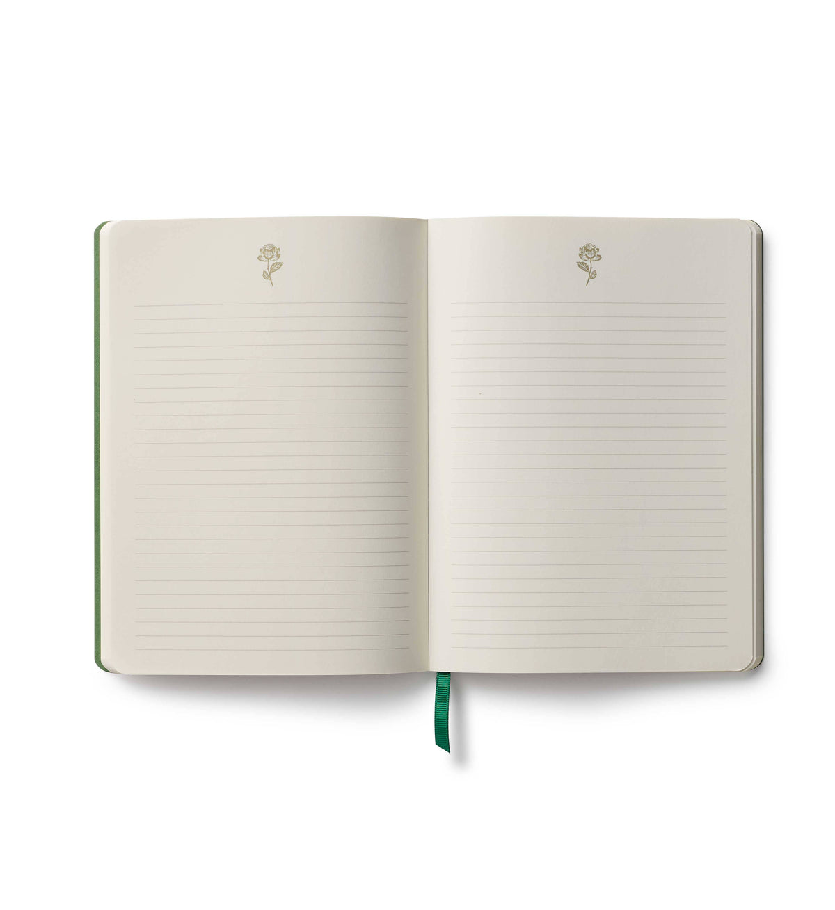 Open notebook with lined pages and floral designs.