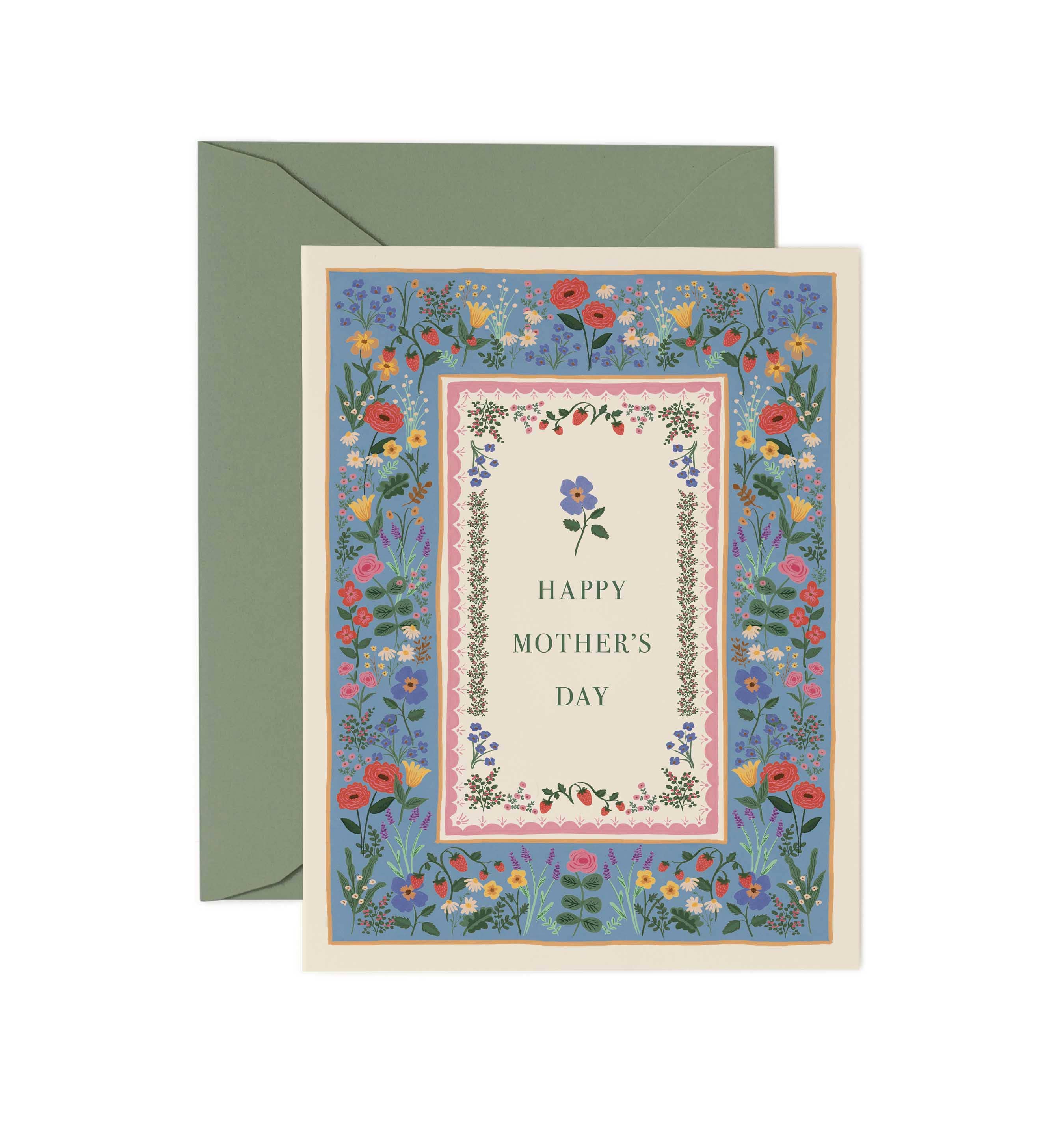 Greeting card with floral border and 'Happy Mother's Day' text, accompanied by a green envelope on a white background.