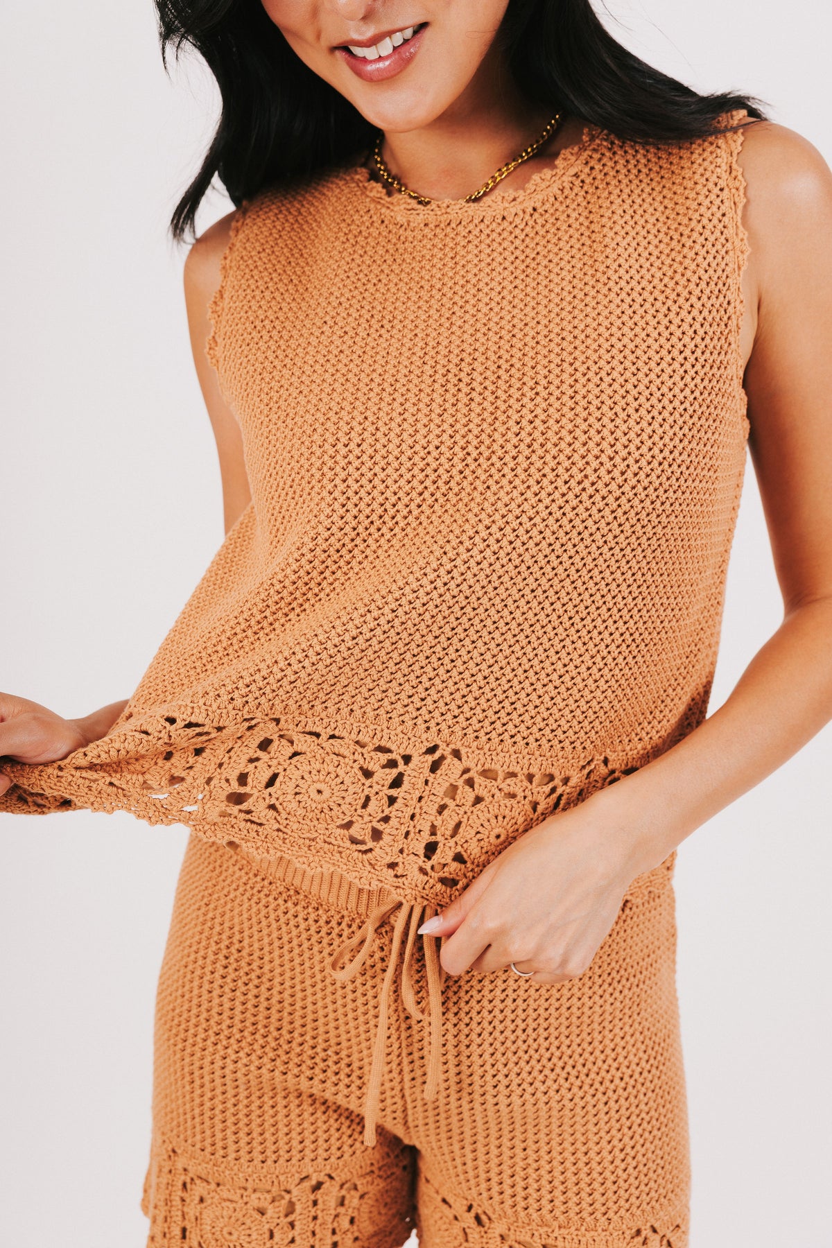 rust colored crochet top 