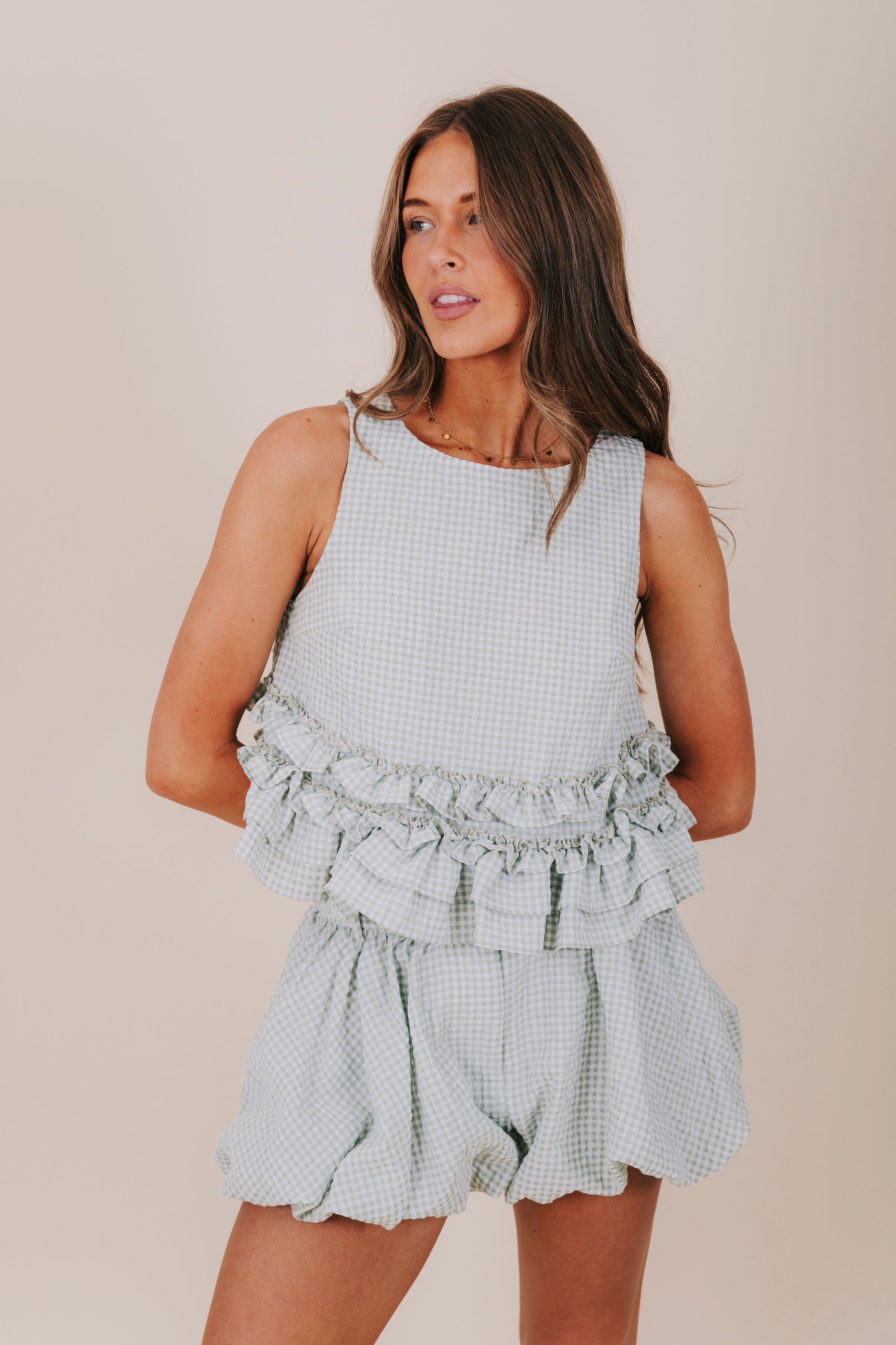 sage gingham ruffle matching set