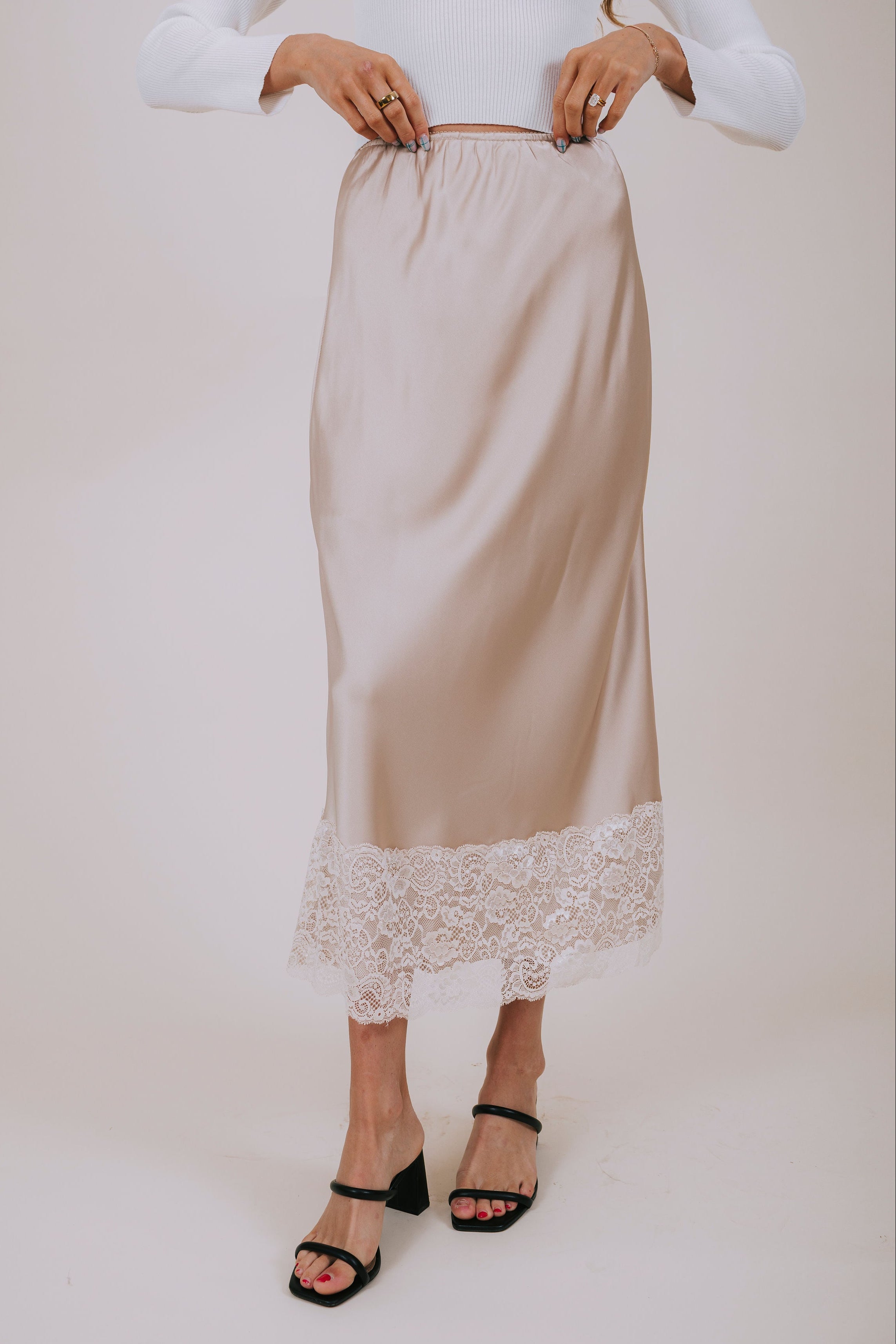 sand satin lace midi skirt front
