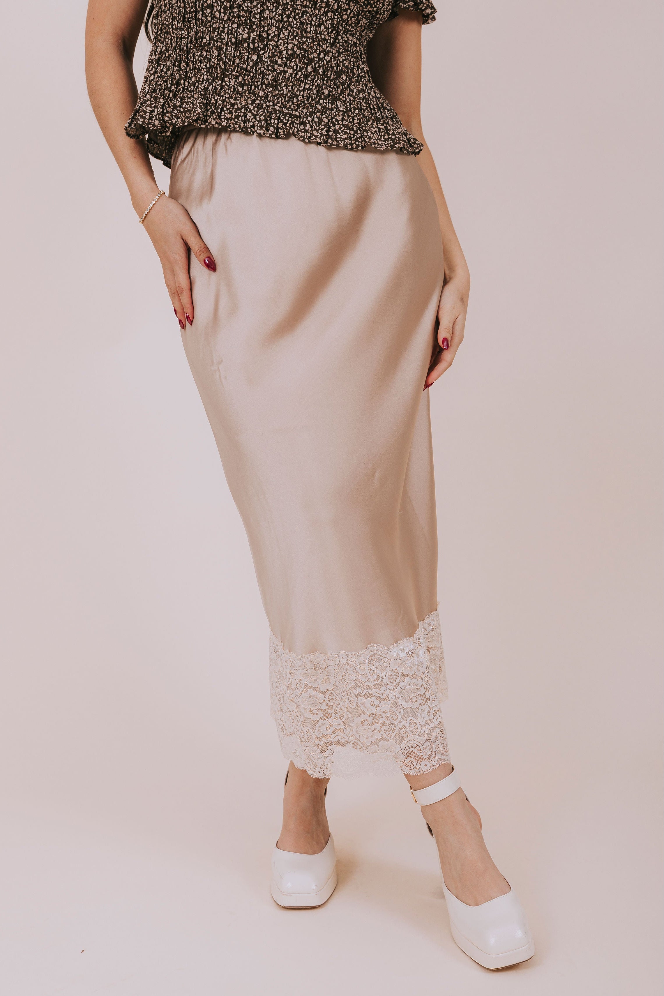 sand satin lace skirt front