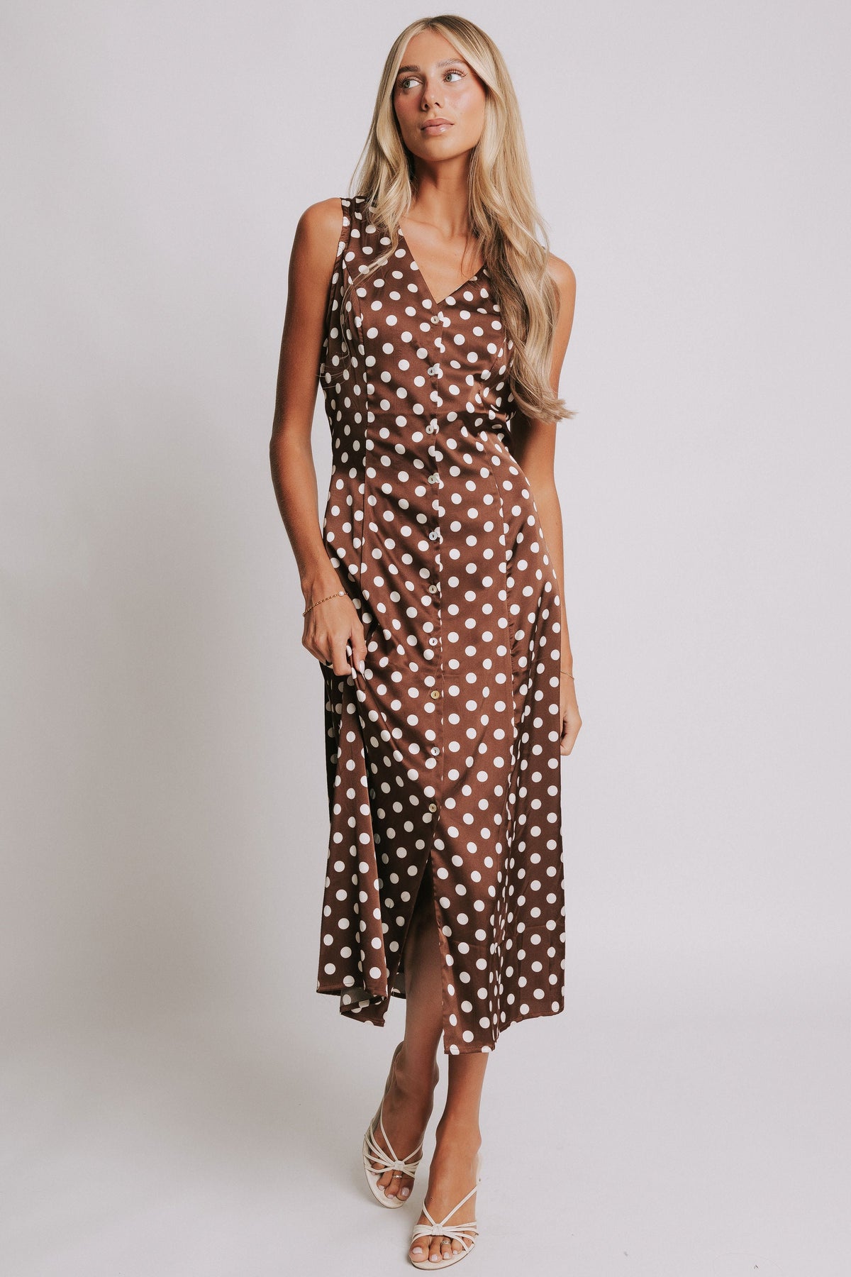 satin brown polka dot v neck midi dress full