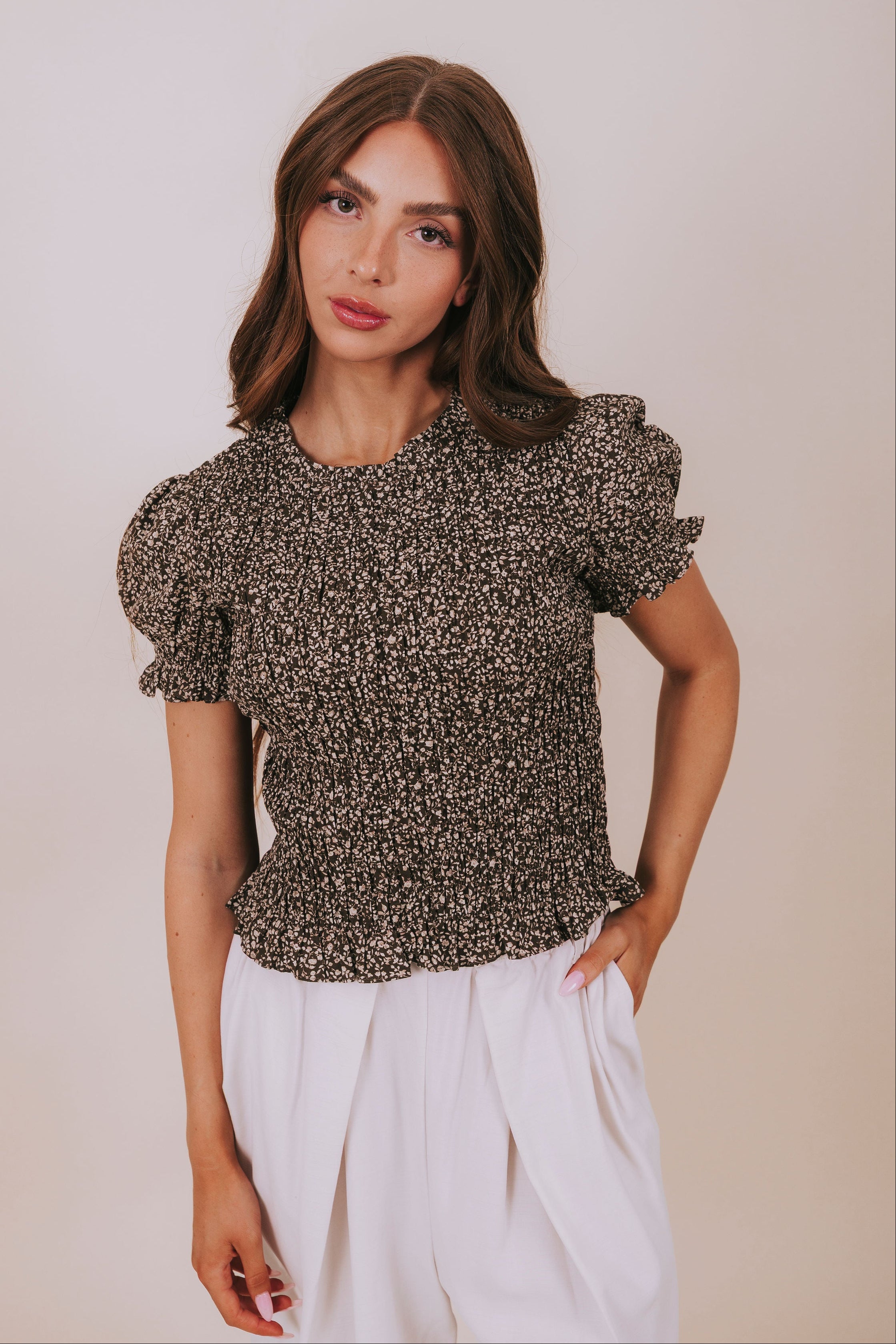 sepia colored floral smocked top front