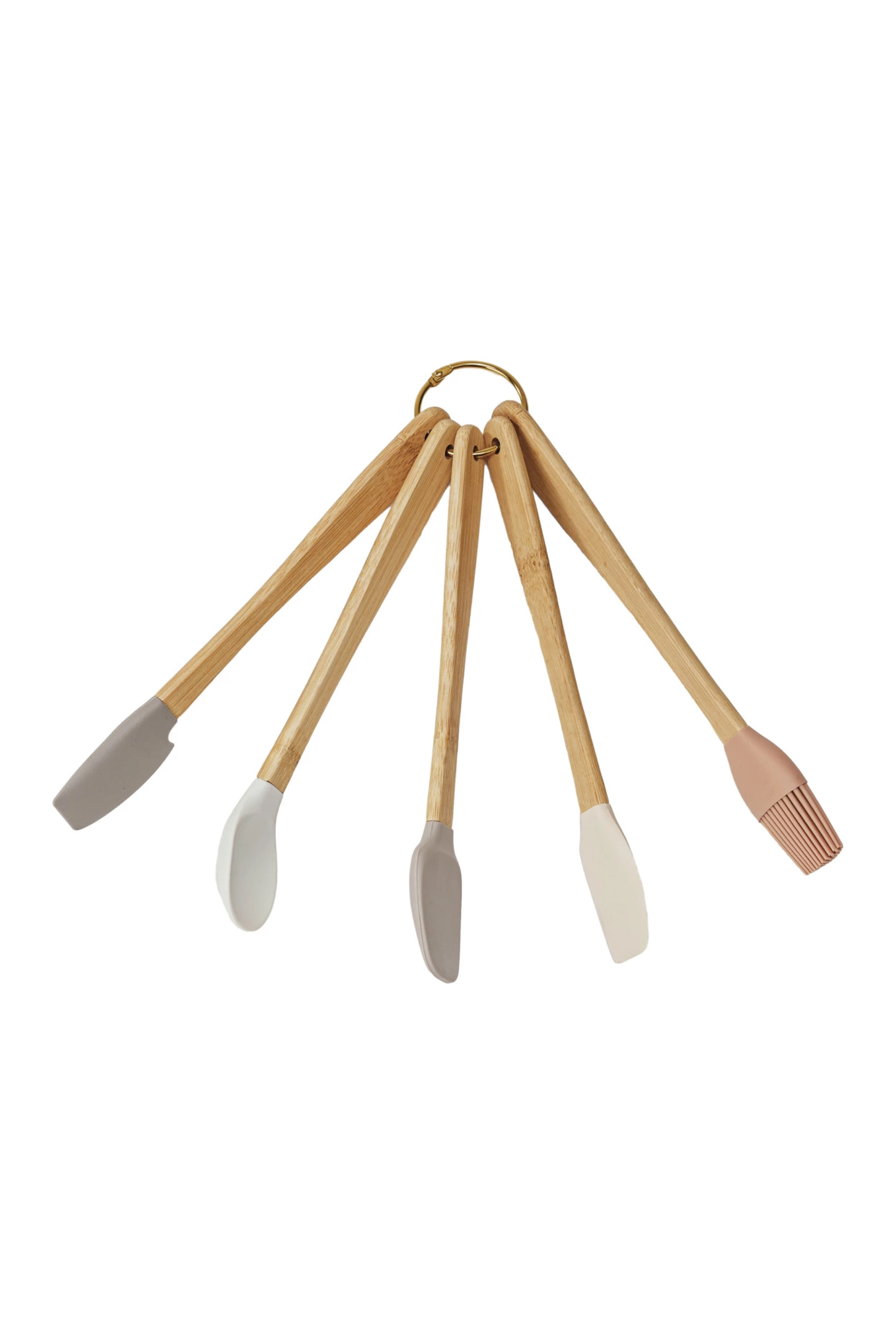Set of five wooden utensils with silicone heads