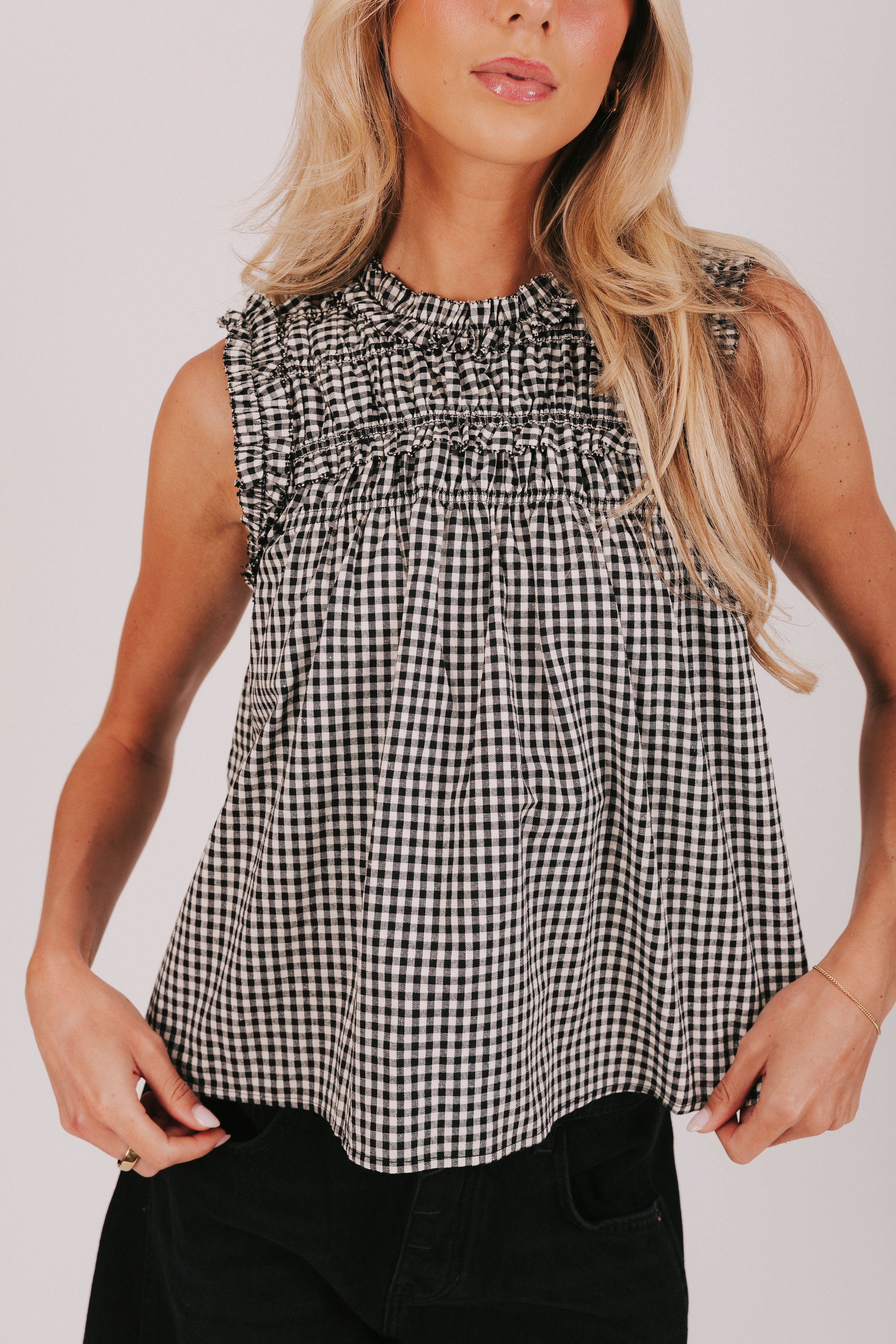 sleeveless black gingham top close