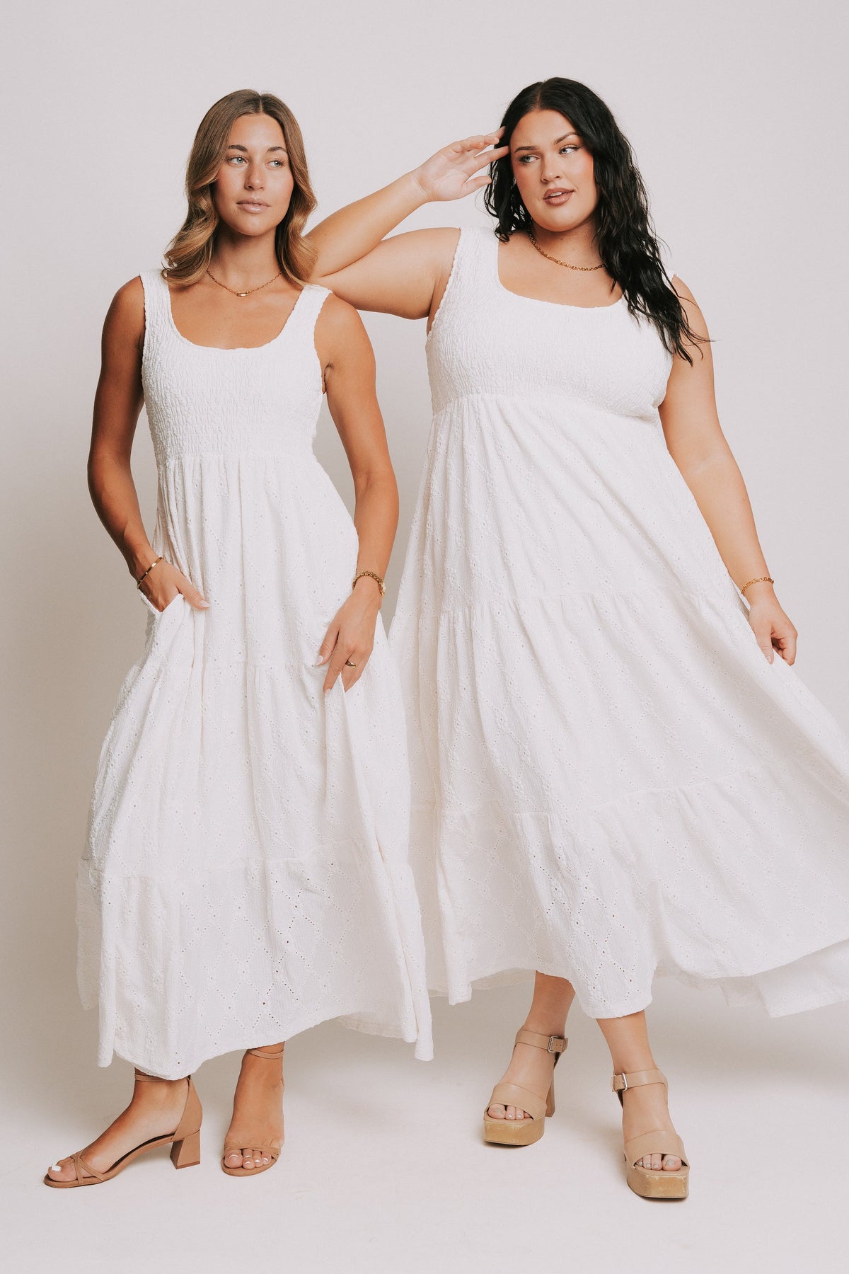 sleeveless white eyelet maxi dress with shirred bodice