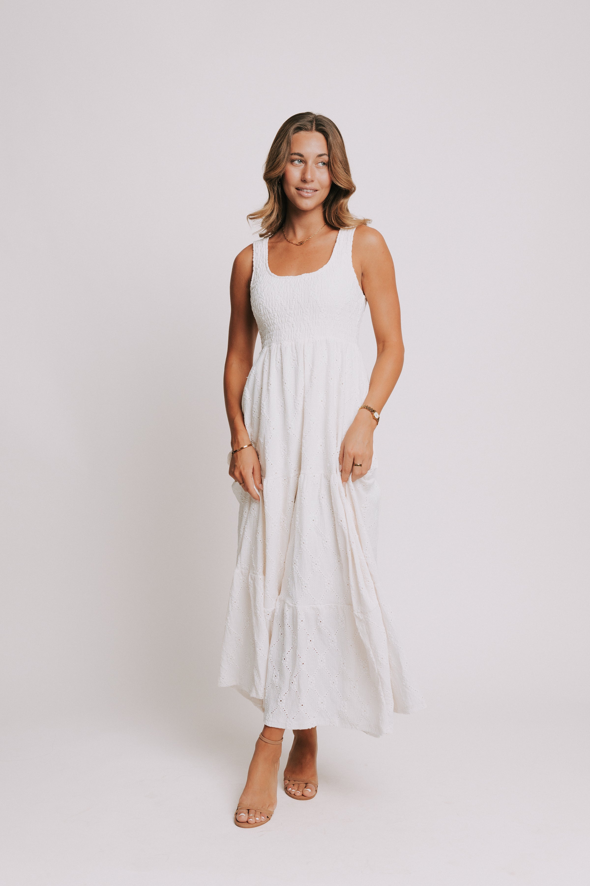 sleeveless white eyelet maxi dress with shirred bodice