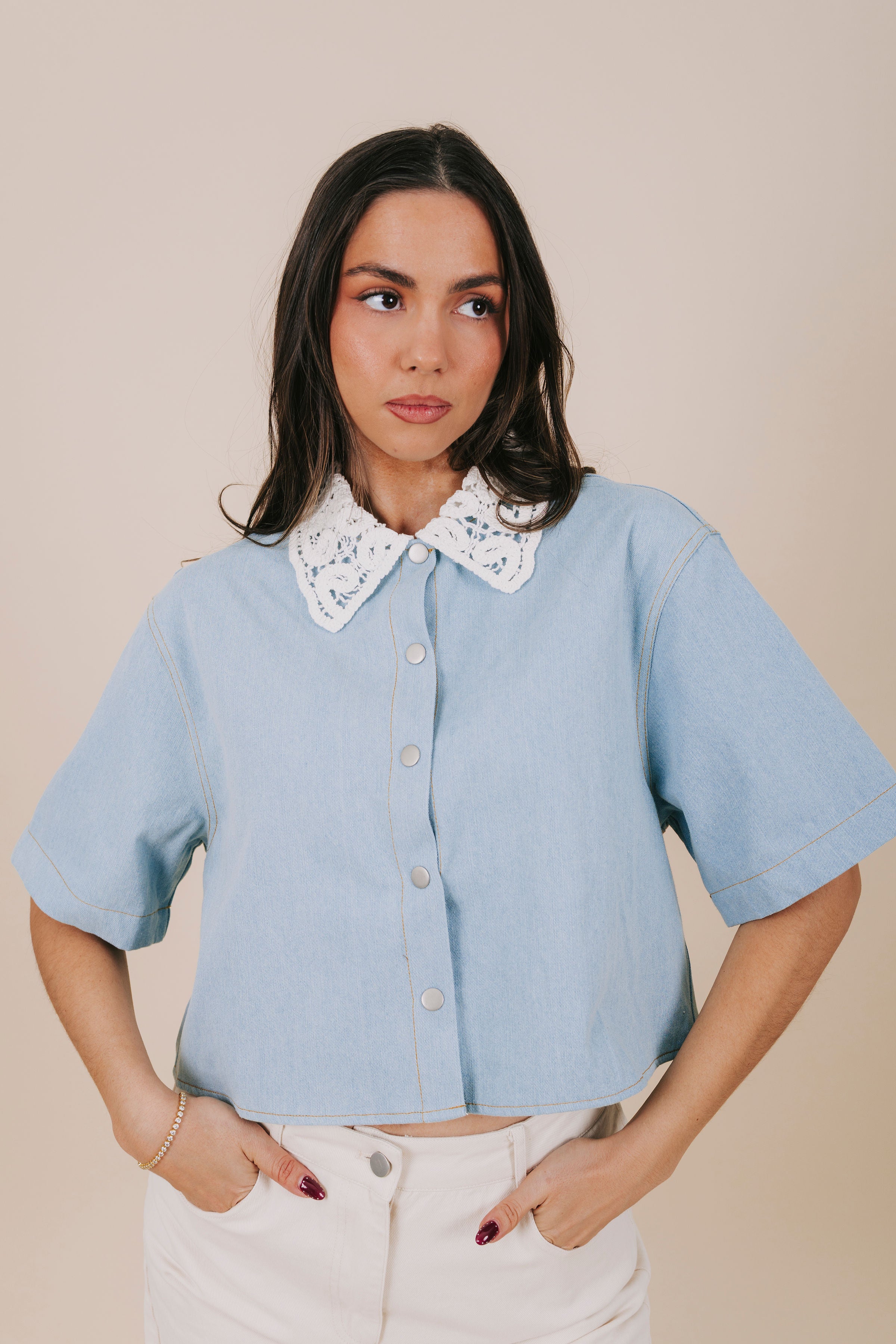 soft denim lace collar button up top front