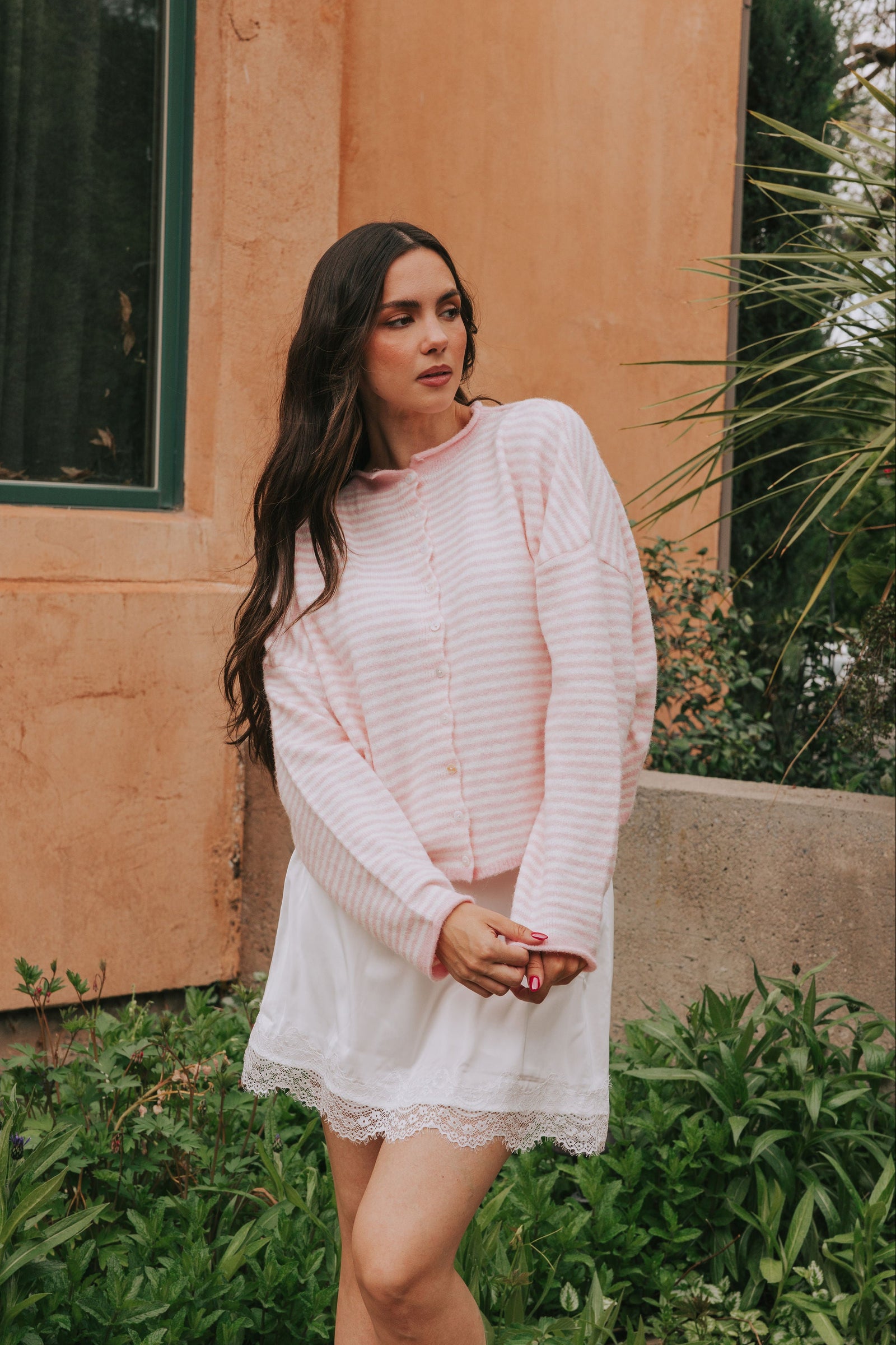 white dress with pink cardigan Spring Fashion Inspiration: Adorable Dress and Cardigan
