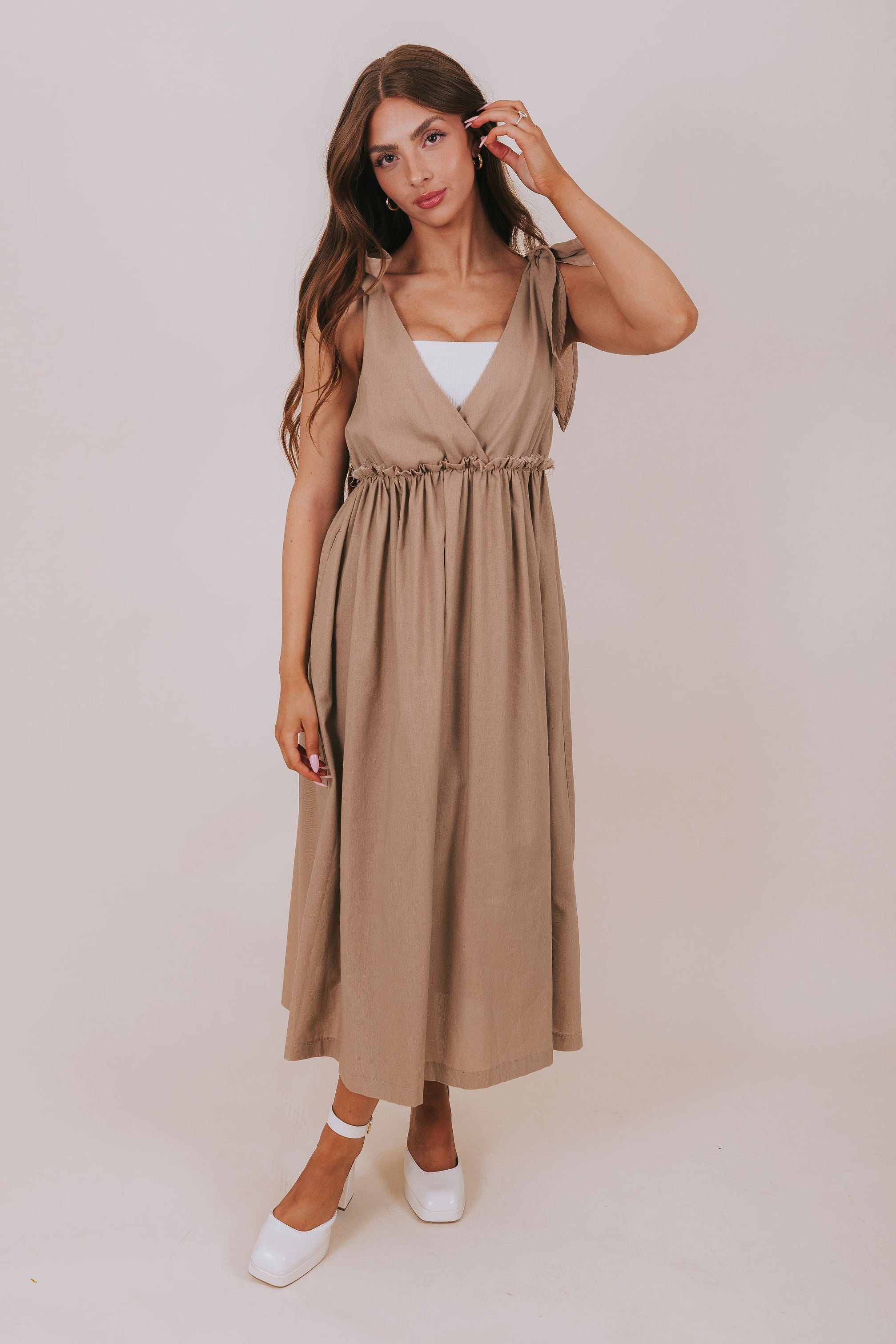 stone colored dress v neck midi full