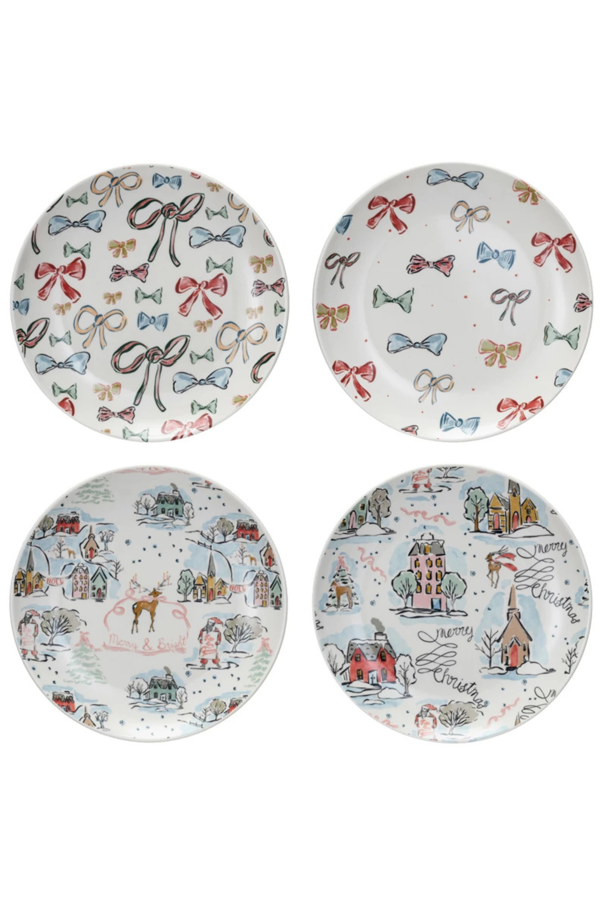 Set of four decorative plates with festive designs on a white background
