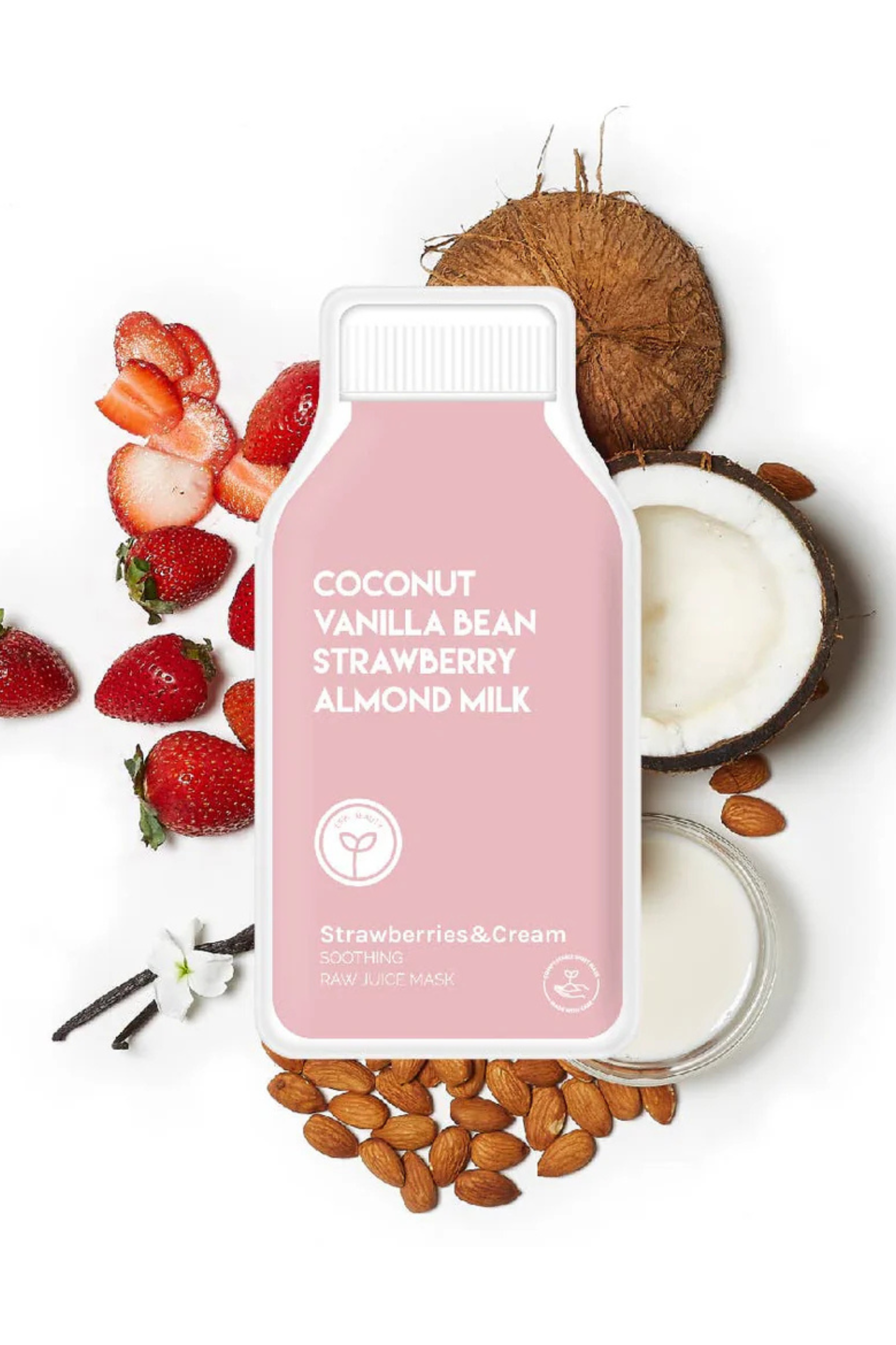 Face mask with coconut vanilla bean strawberry almond milk bottle with ingredients on a white background