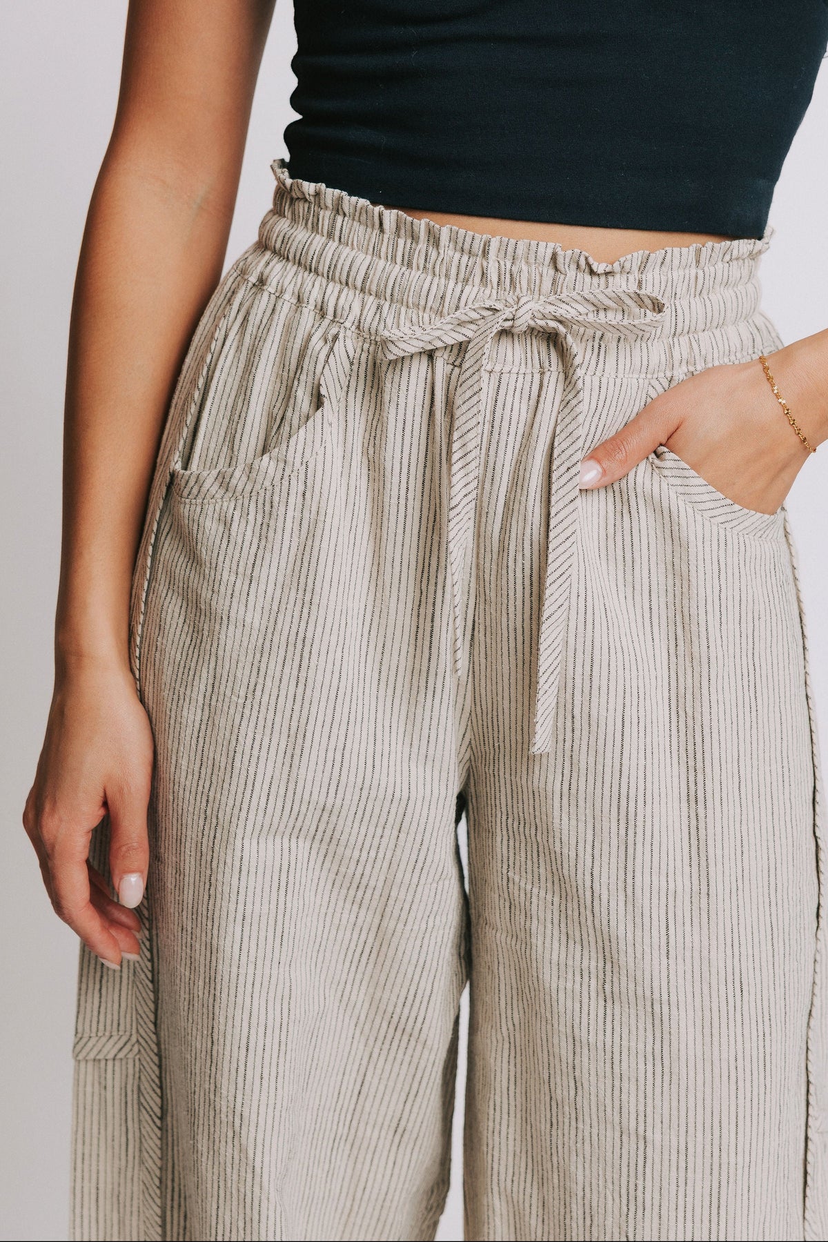 striped barrel leg linen pants waist