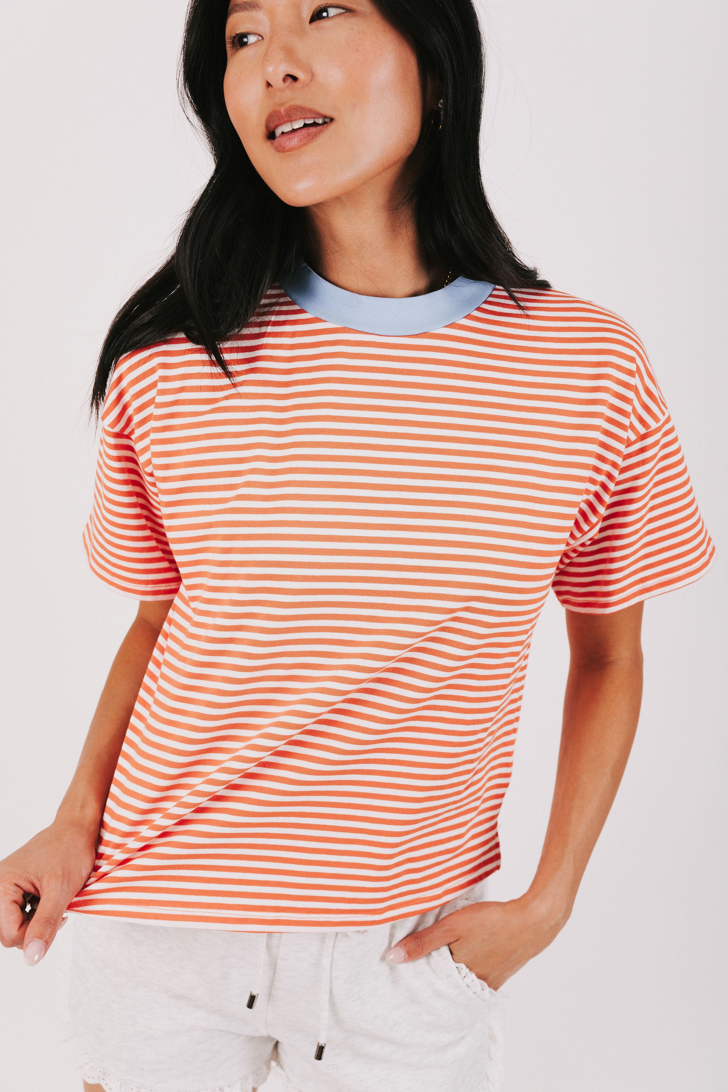 striped boxy crew neck tee tomato
