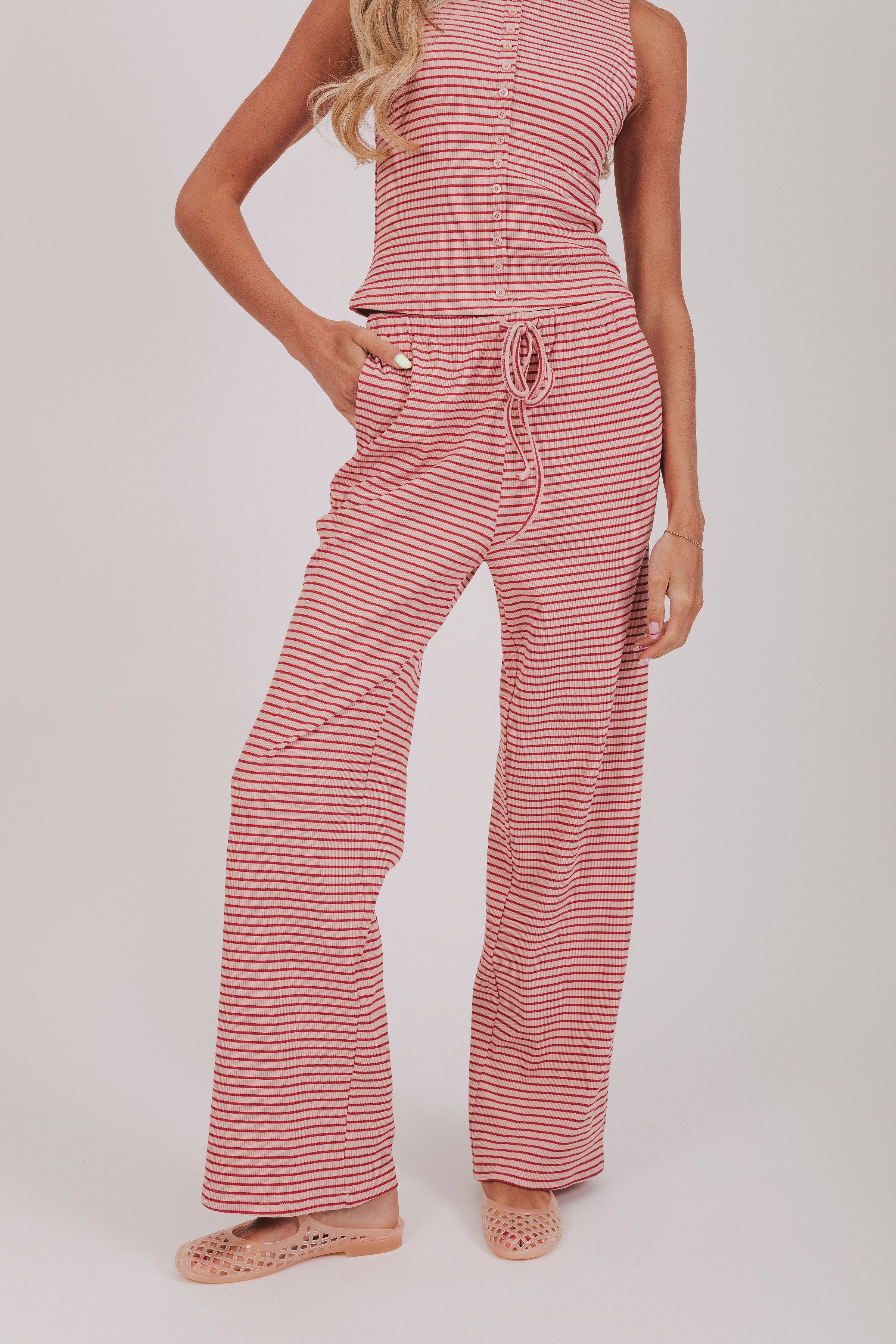 striped ribbed pants with tie