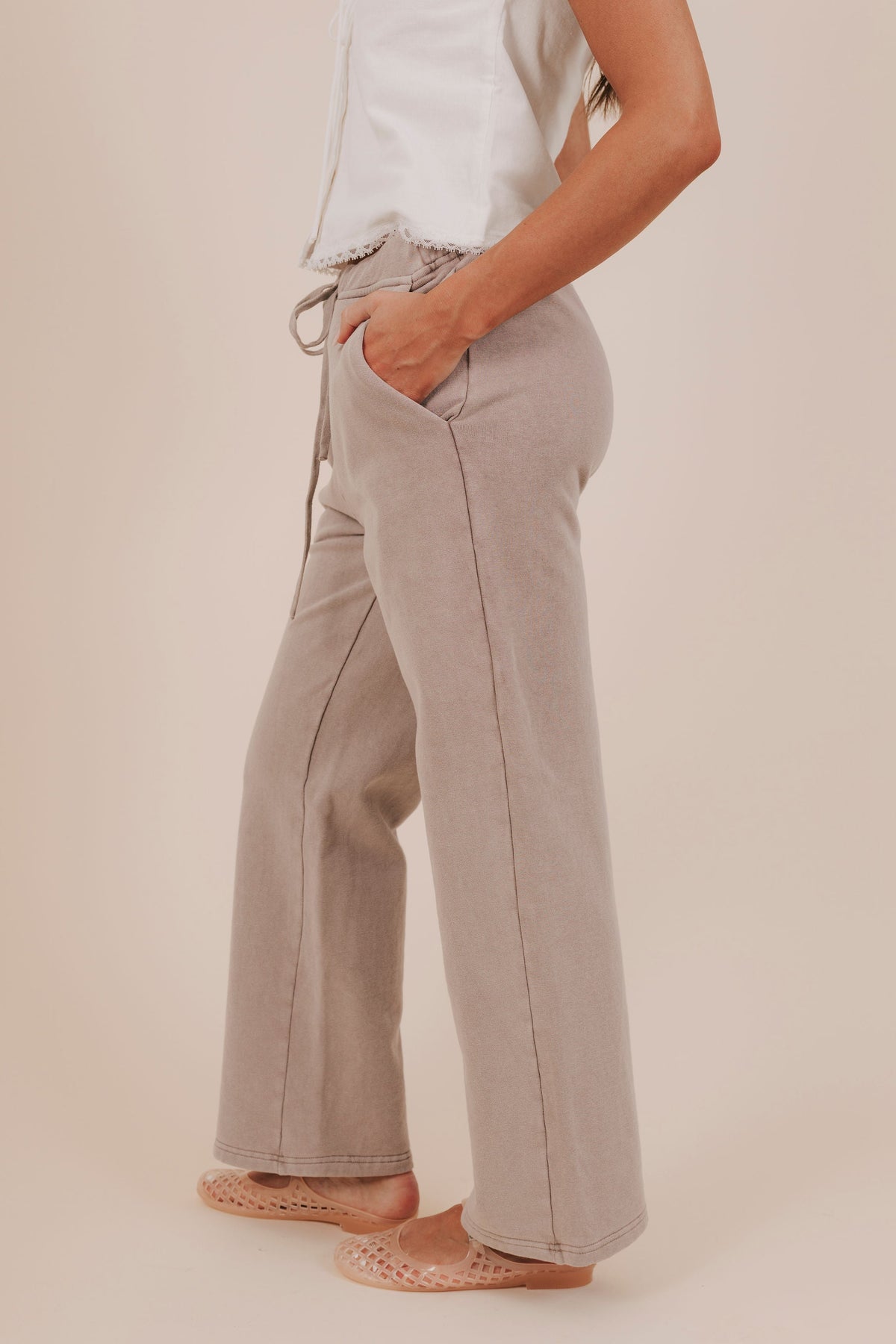 sweatpant taupe fleece wide leg pockets elastic tie side