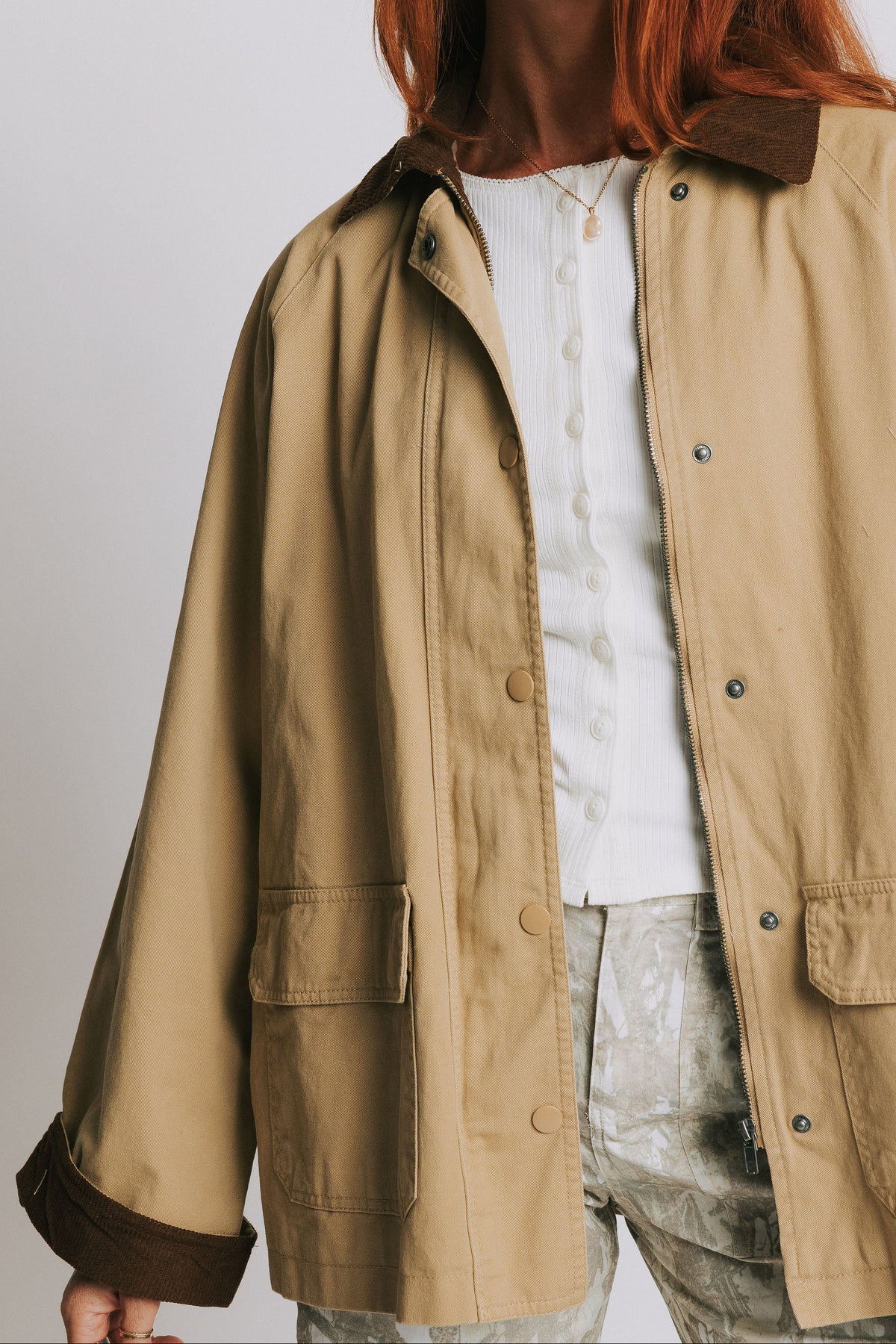 tan oversized jacket with corduroy collar and cuffs