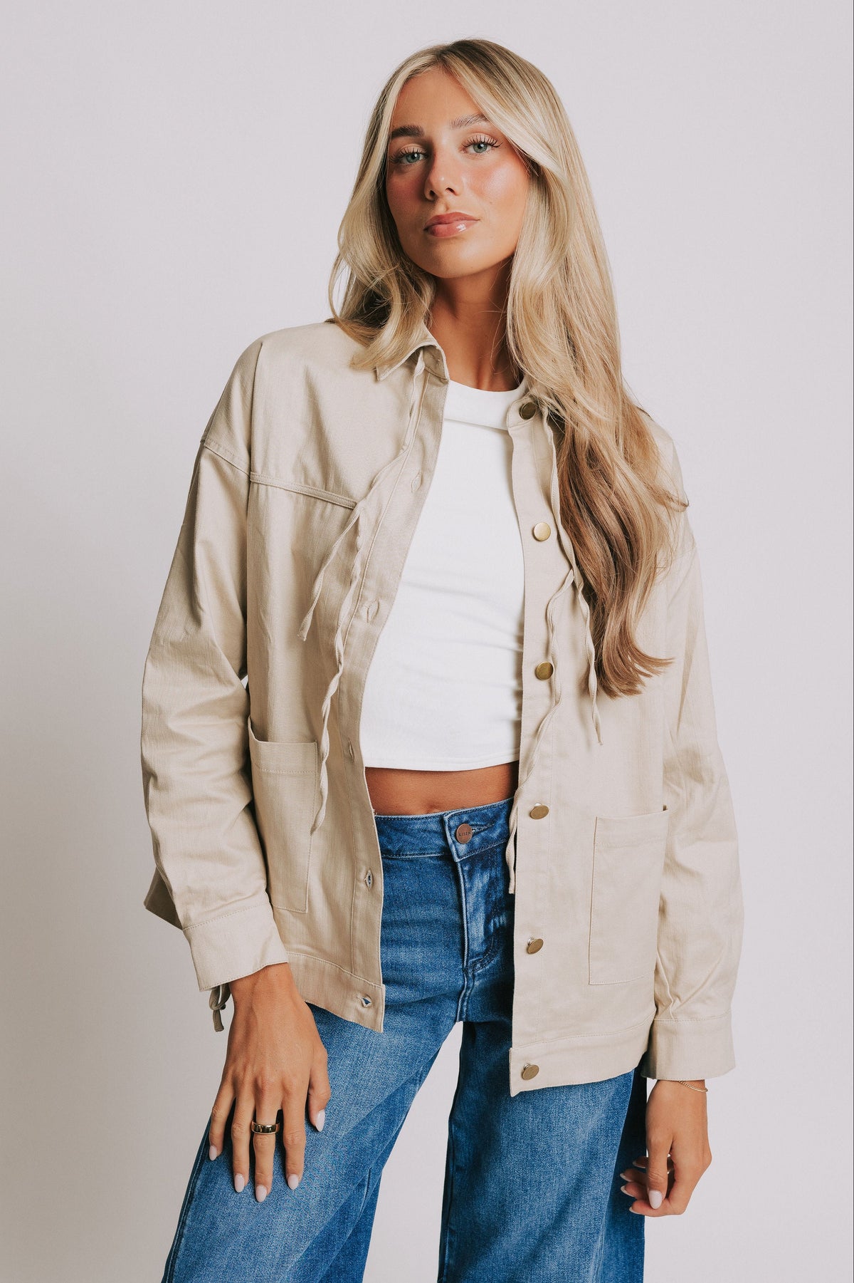 tan oversized jacket with ties front