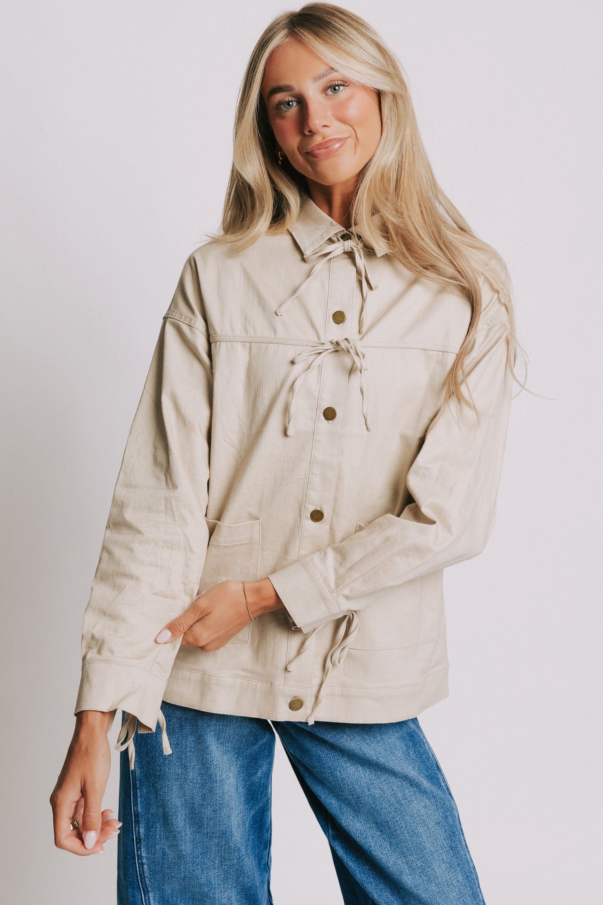 tan oversized jacket with ties 