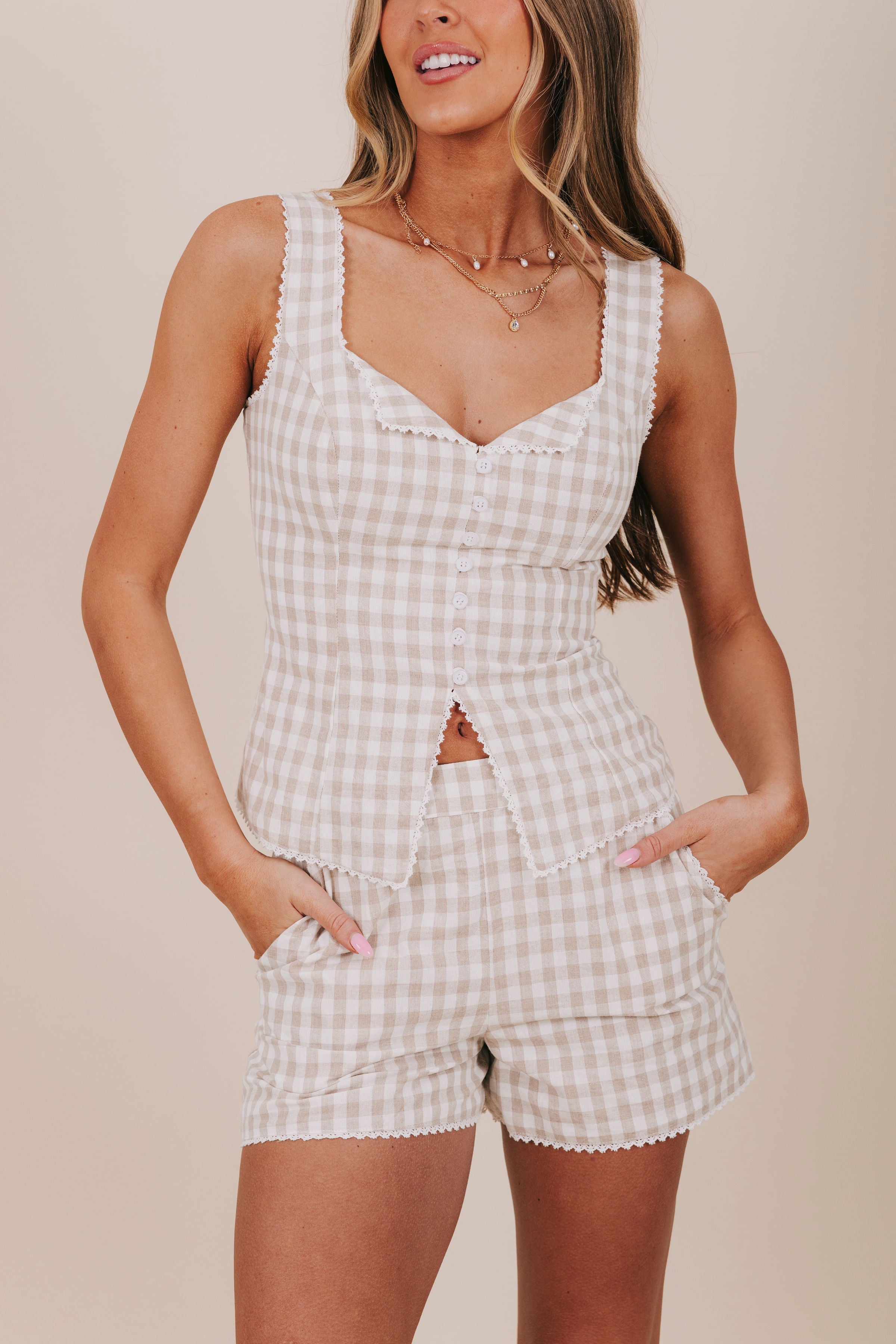 taupe gingham button up lace top detail