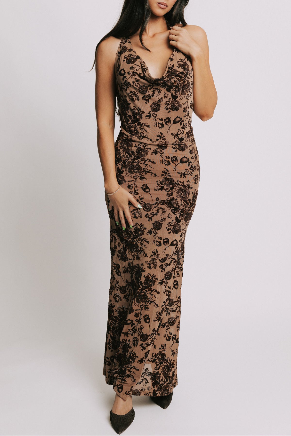 taupe halter dress with brown velvet detailing