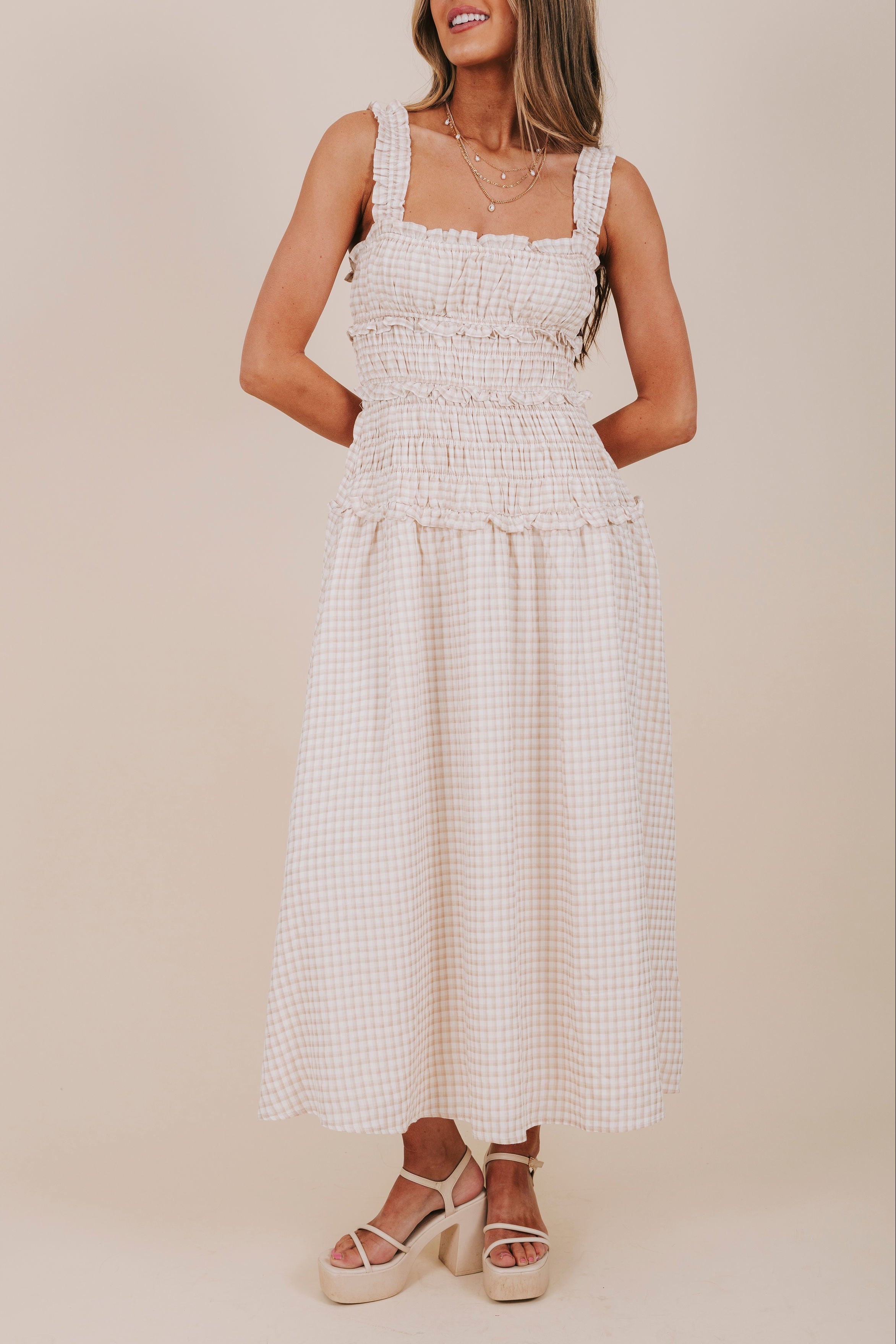taupe smocked gingham maxi dress front